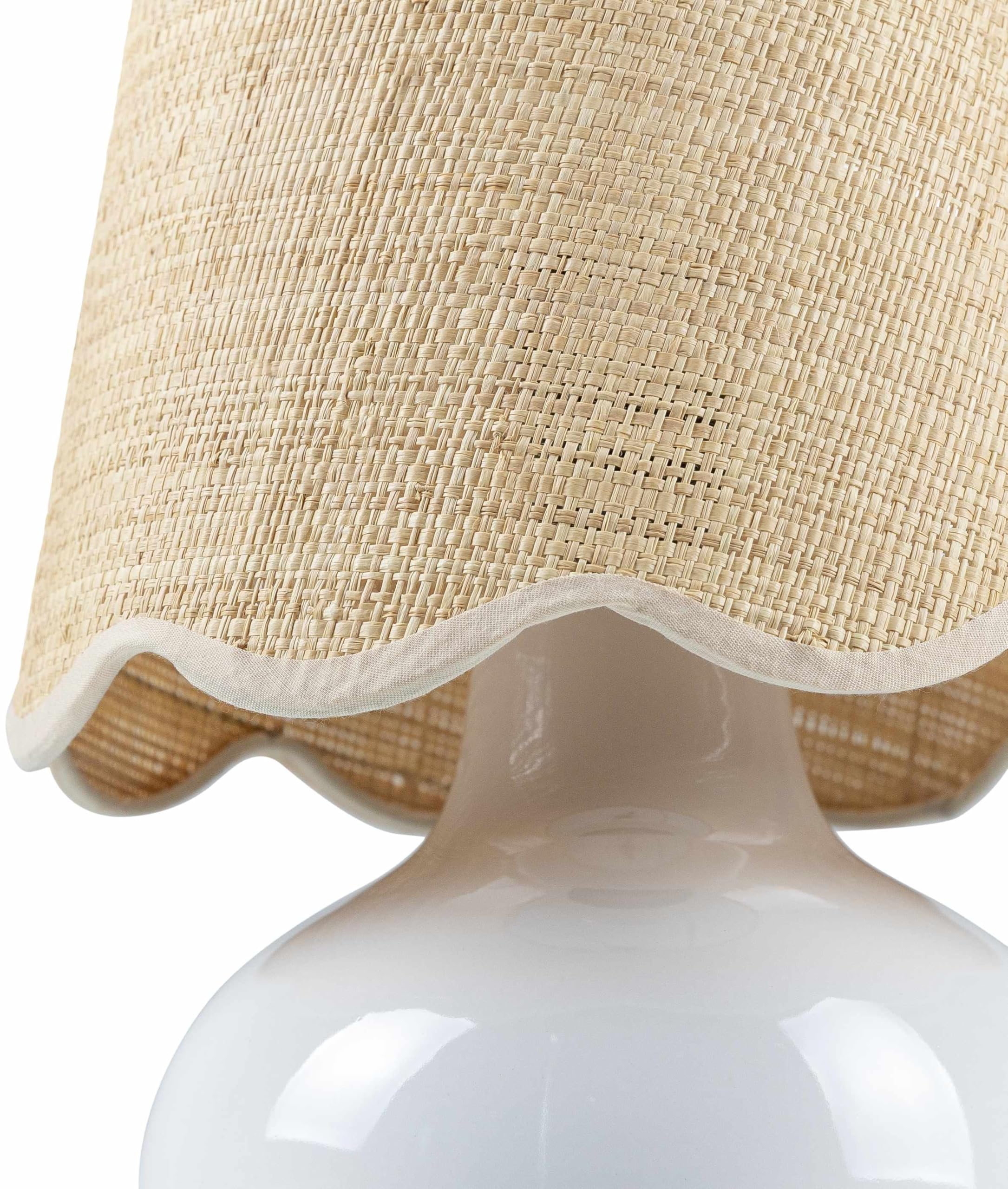 BoutiqueRugs Navarro Boho Ceramic Bedside Table Lamp - 13inH x 8inW x 8inD - Rattan Shade - White, Beige - Model TXCHMA3-003