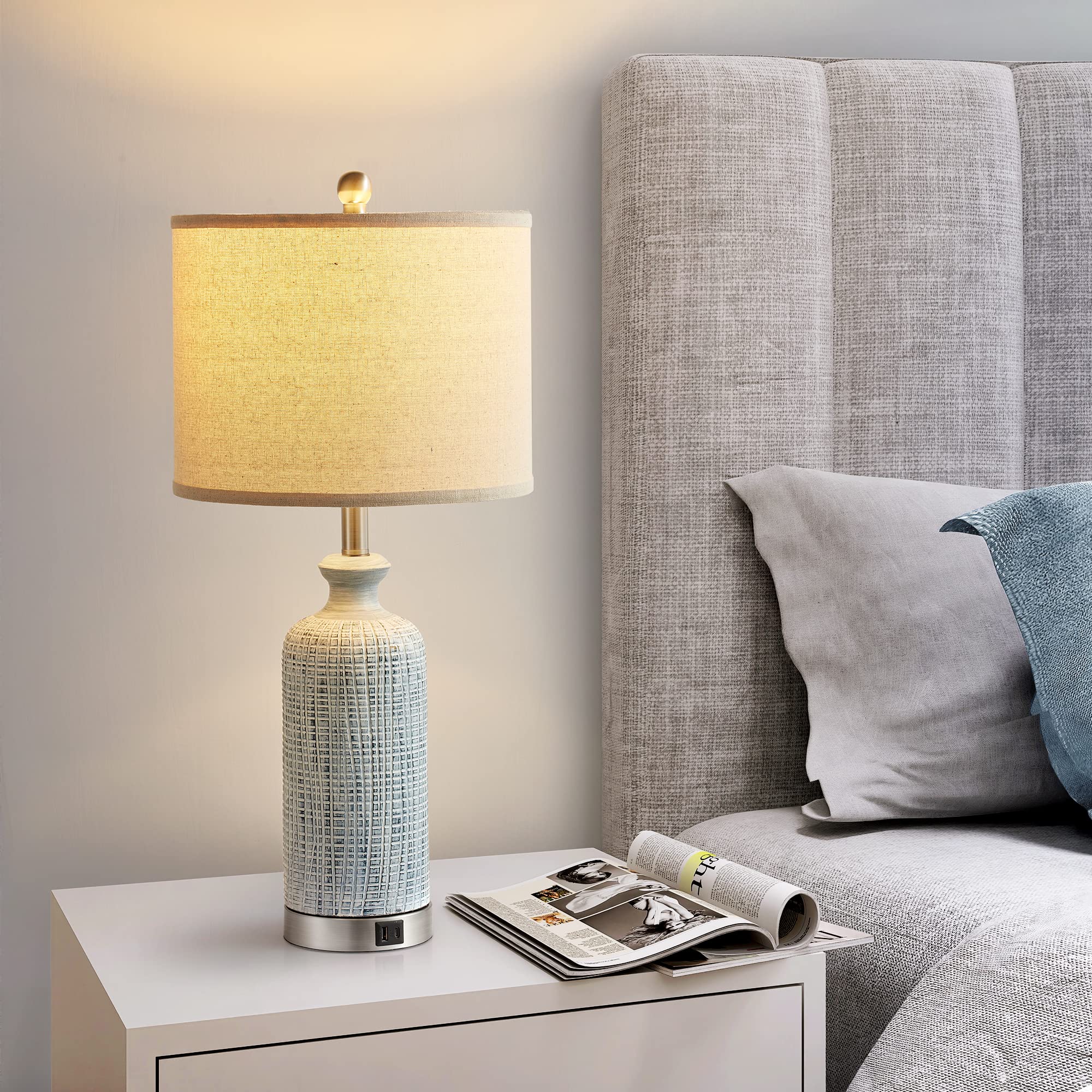 Ireliare Touch Lamps Set of 2, 27" Modern Farmhouse Nightstand Lamps with USB A+C Ports, Blue, Model QH_2283-1T