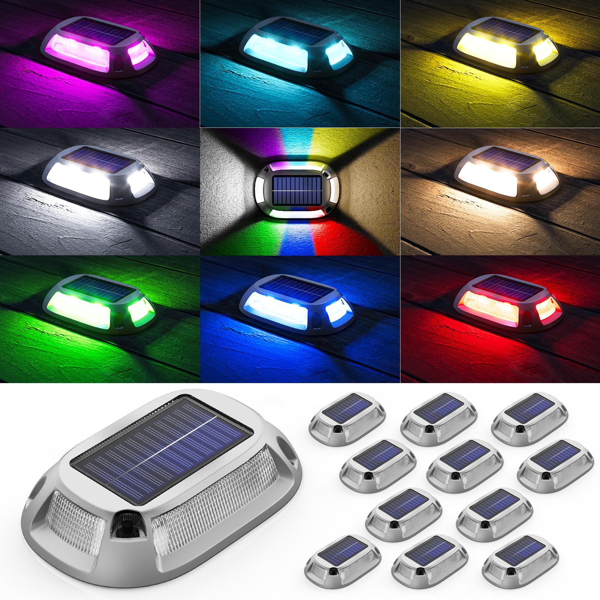 Viodaim 12Modes Multicolor Solar Driveway Lights - Ip68 Marine Dock Lights Solar Powered Waterproof - Led Driveway Markers - Aluminum Alloy Boat Dock Lights - Rgb Deck Step Pathway Light [12Pack]