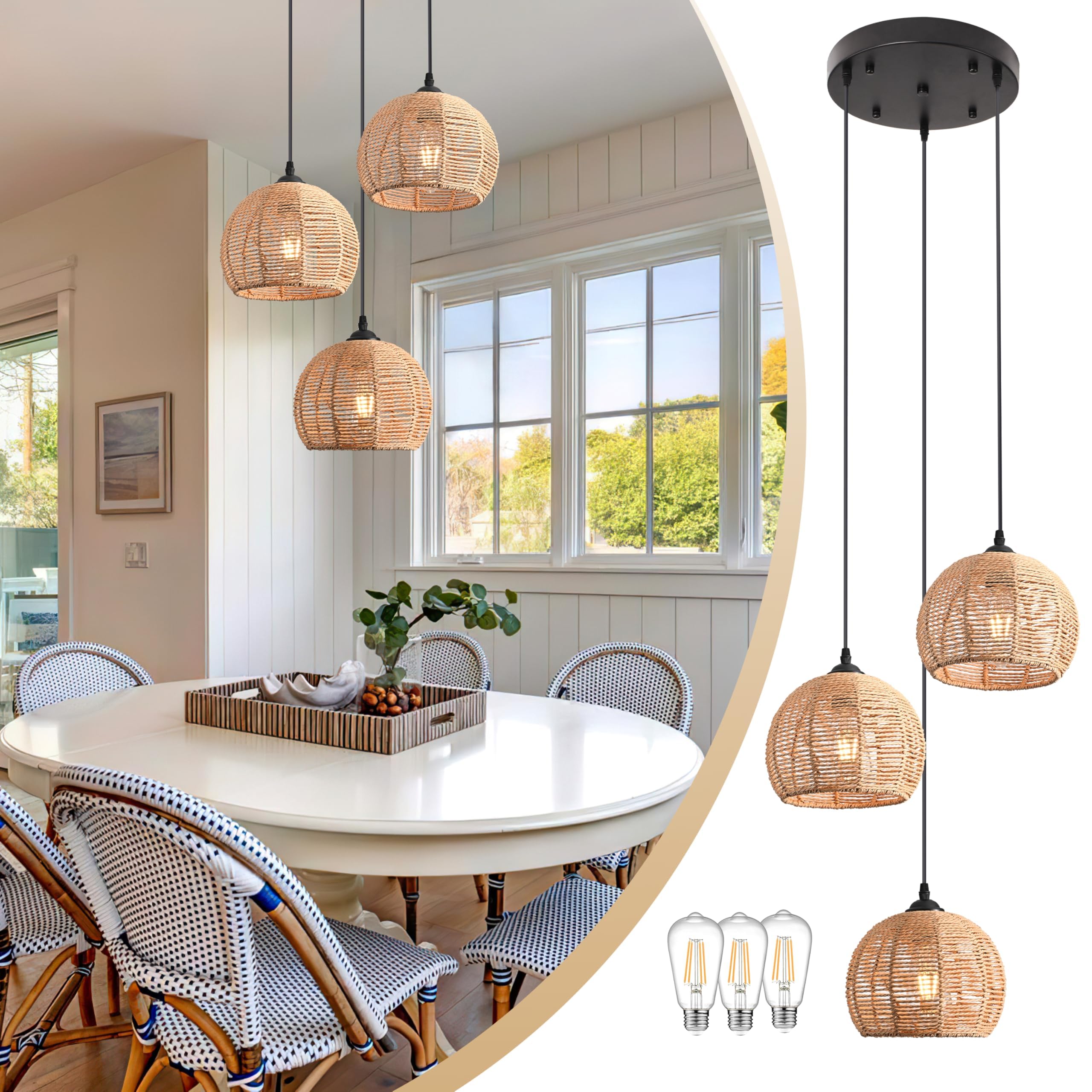 3-Light Mini Hemp Rope Woven Pendant Light Kitchen Island,3 Dome Hand Woven Boho Rattan Chandelier Farmhouse Wicker Ceiling Ligh
