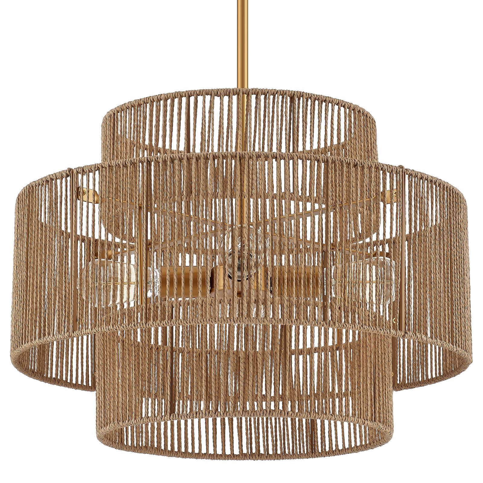 ELYCCUPA 24    Boho Hand Woven Rattan Chandelier 3 Round Adjustable 4-Light Large Pendant Light for Kitchen Island Dining Room L
