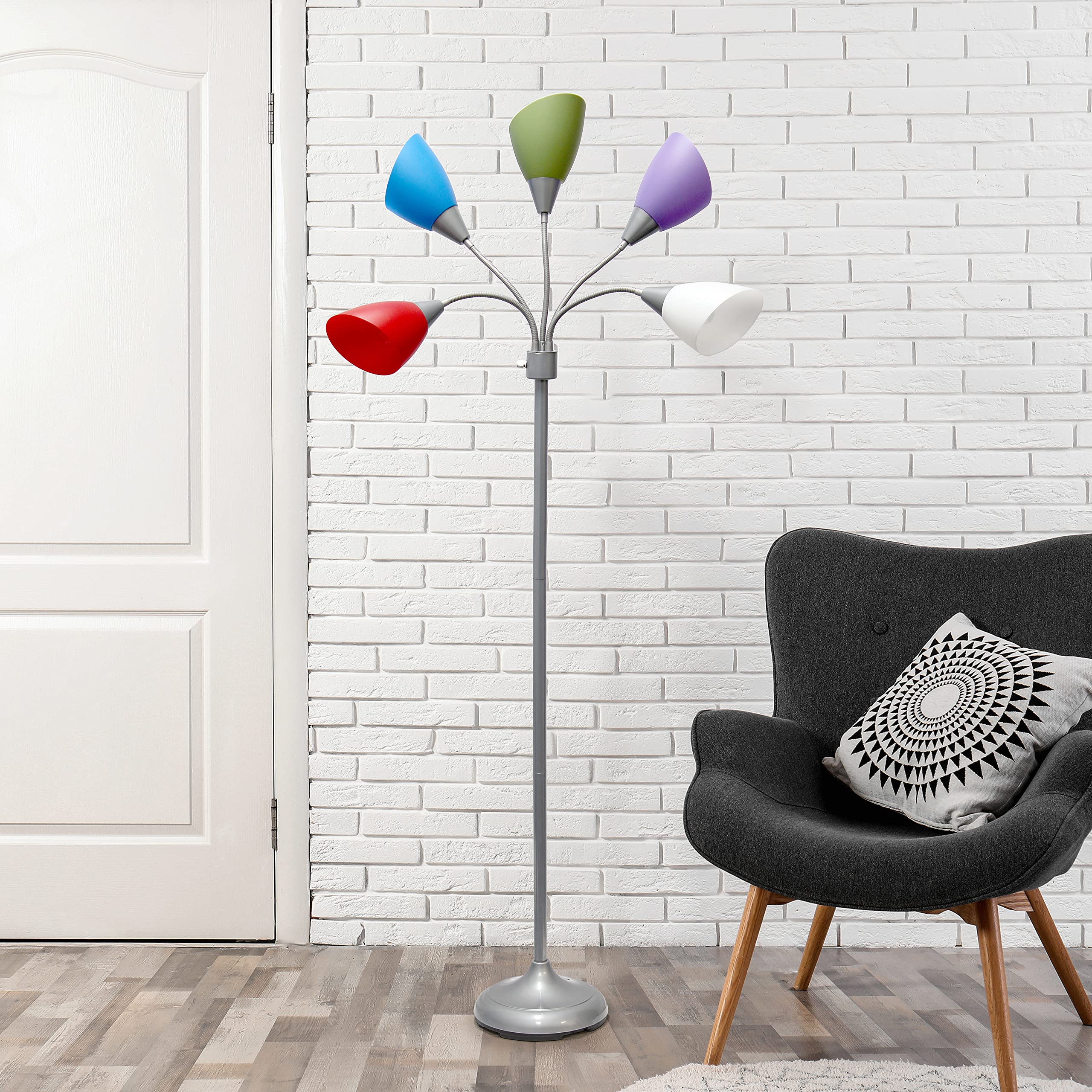 Simple Designs LF2006-SDM 67" Adjustable Gooseneck Silver Floor Lamp with Multicolored Shades for Kids Bedroom, Playroom, and Office