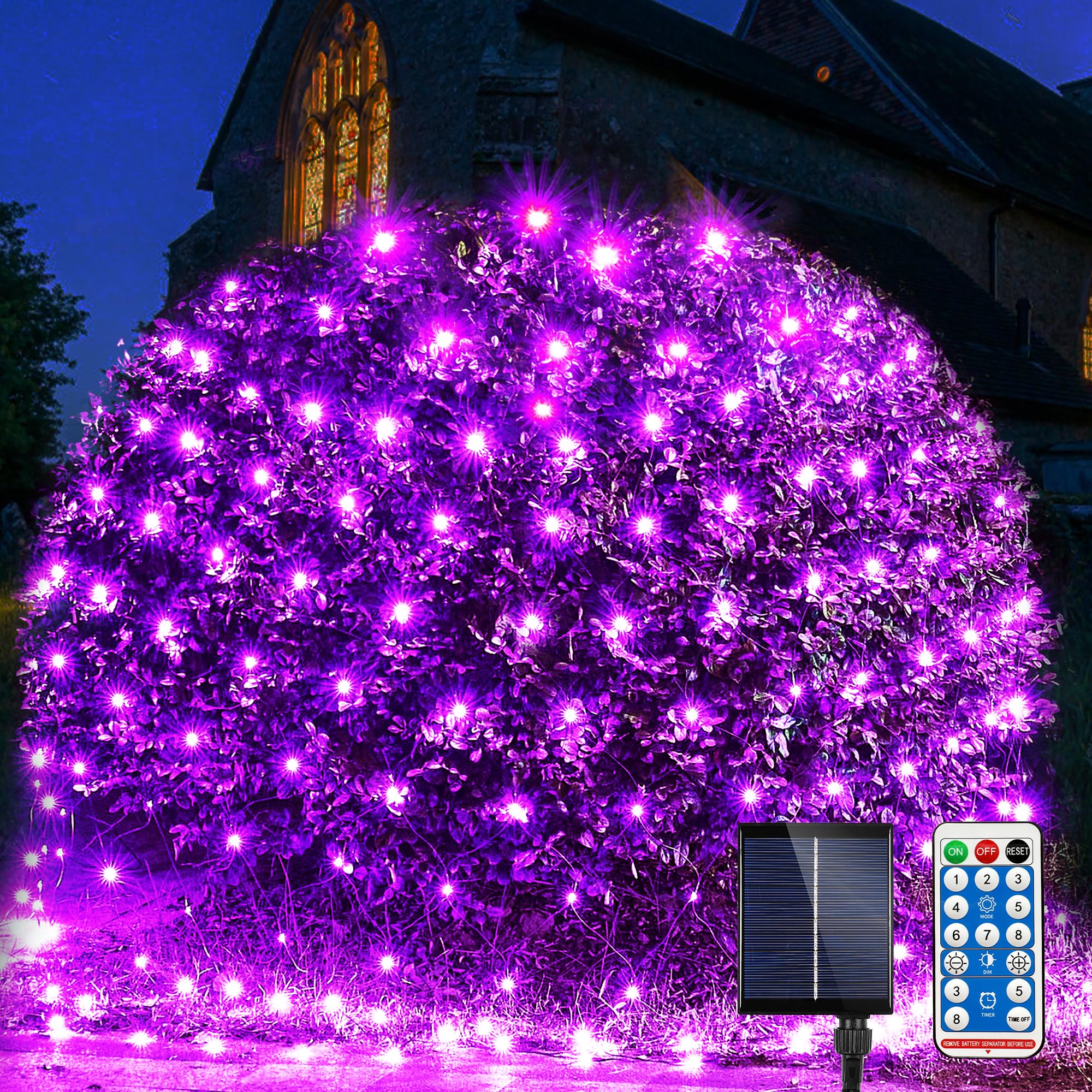 WBao Solar Halloween Net Lights, 200LED 8.4ft x 5.2ft Purple Halloween Bush Lights with Remote, 8 Modes, Timer, IP65 Waterproof 