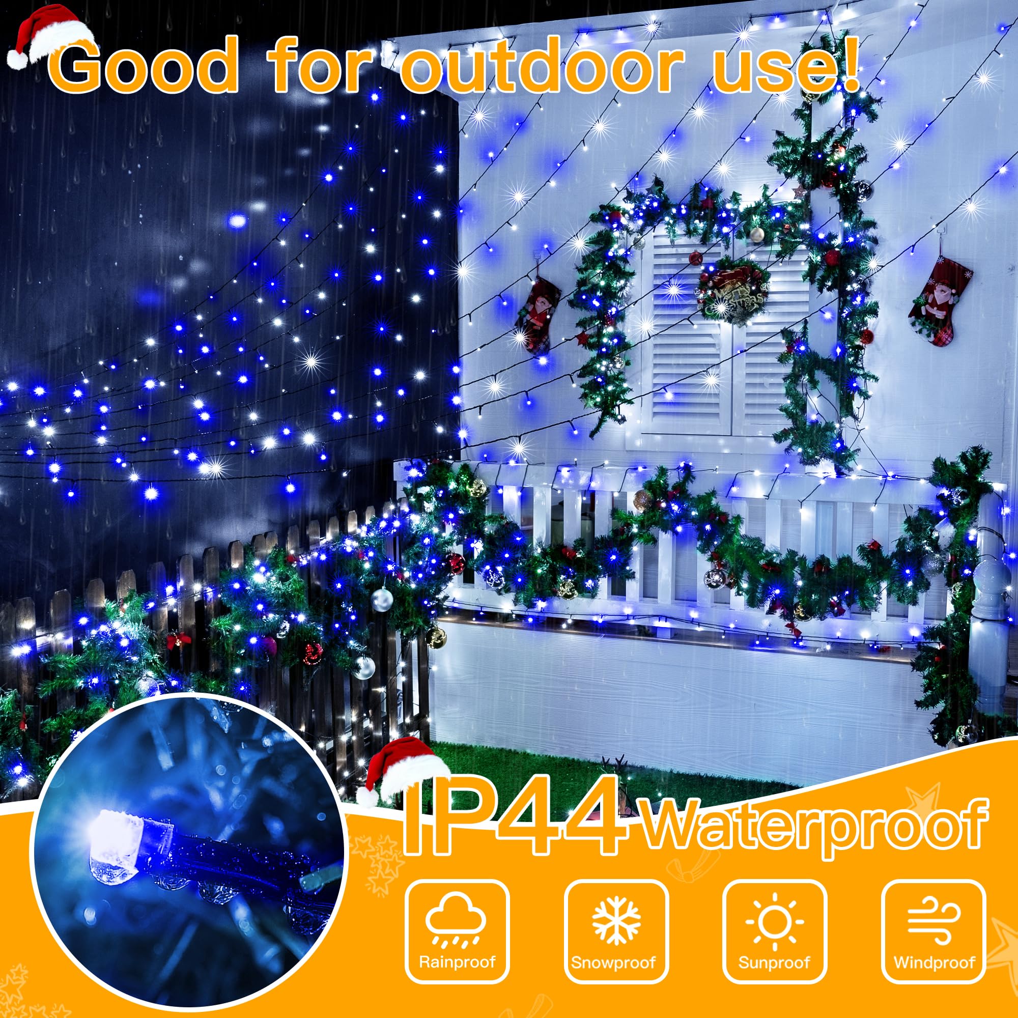 Ollny Christmas Lights - 400LED Blue & White String Lights, 131FT, Waterproof, 8 Modes, Remote for Indoor/Outdoor Decor, Model HG-29V415C
