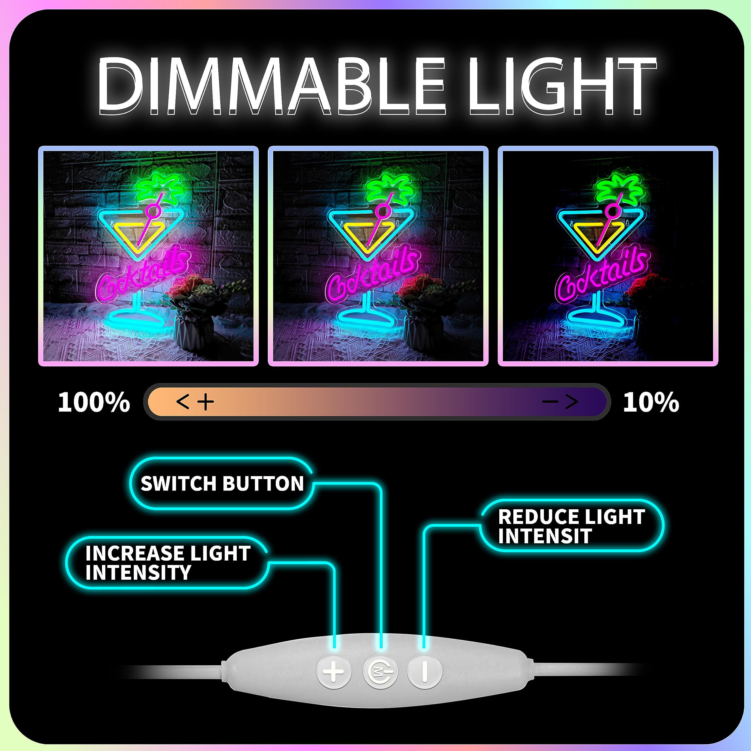 JIARODEY Neon Sign LED Cocktail Glass Wall Light, Dimmable, USB Powered, 15.7x10 inches, Acrylic, Model JWJ-2, Color: Cocktails