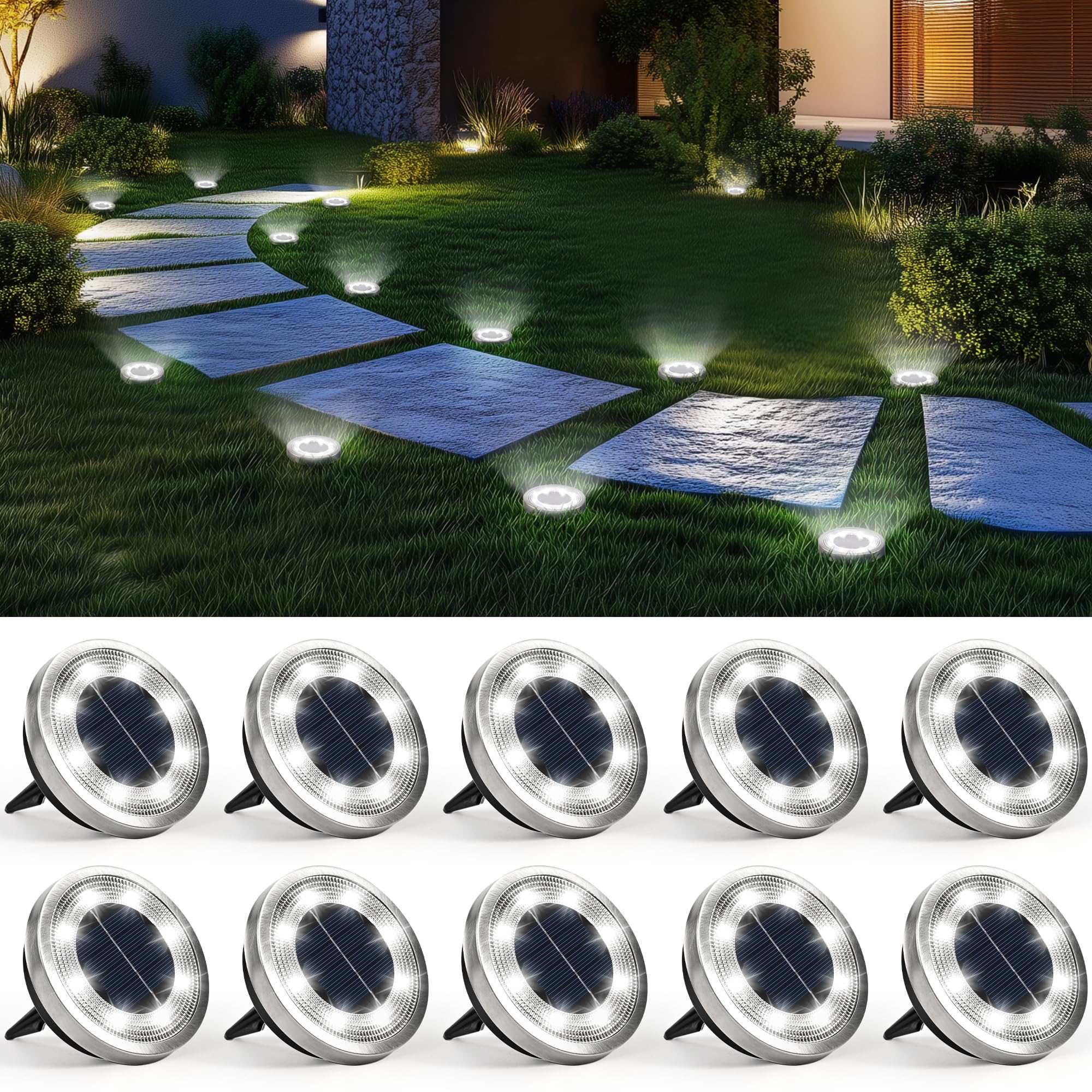 SOLPEX Solar Ground Lights 10 Pack Waterproof Landscape Lighting Cool White Model 9813 for Garden Walkway Driveway Decor
