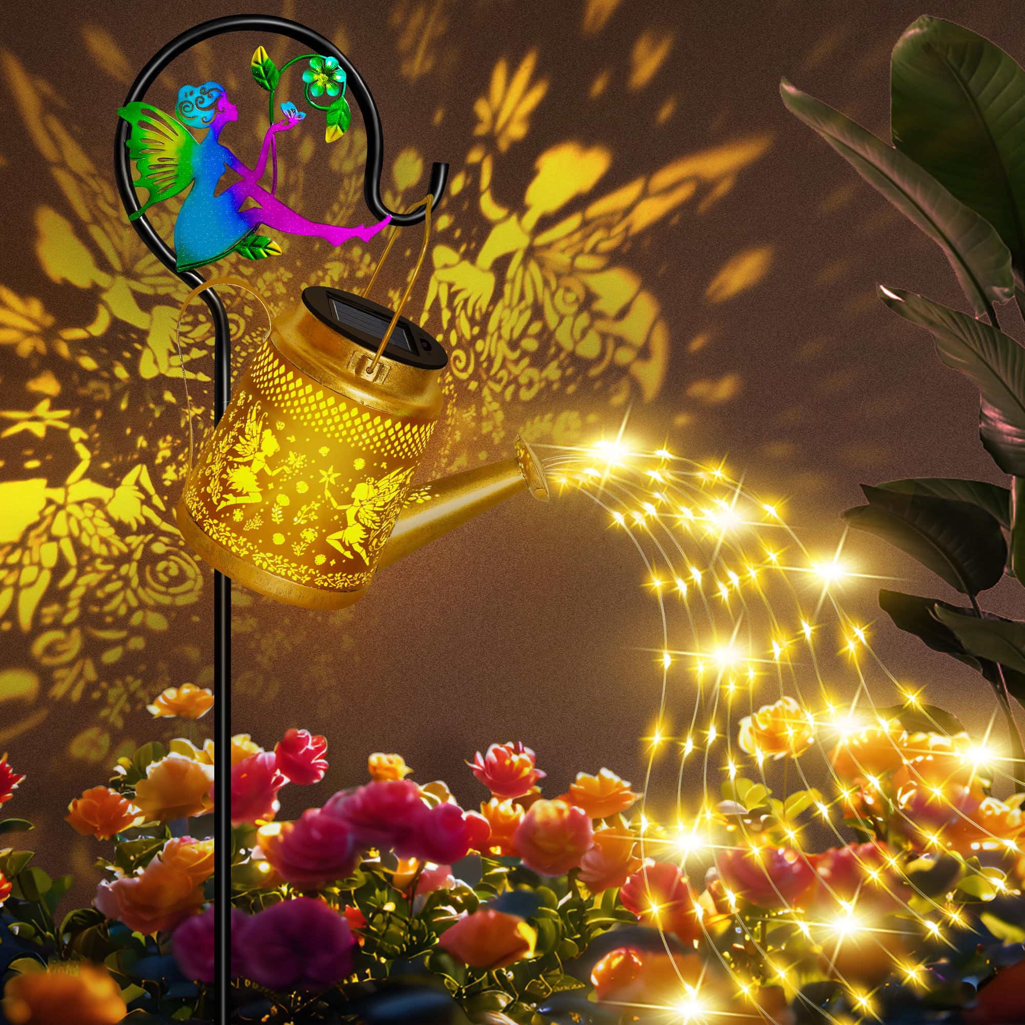 Solar Watering Can Lights Outdoor Garden Decor, Large Fairy Hanging Lantern with Shepherd Hook, Waterproof Garden Lights for Out