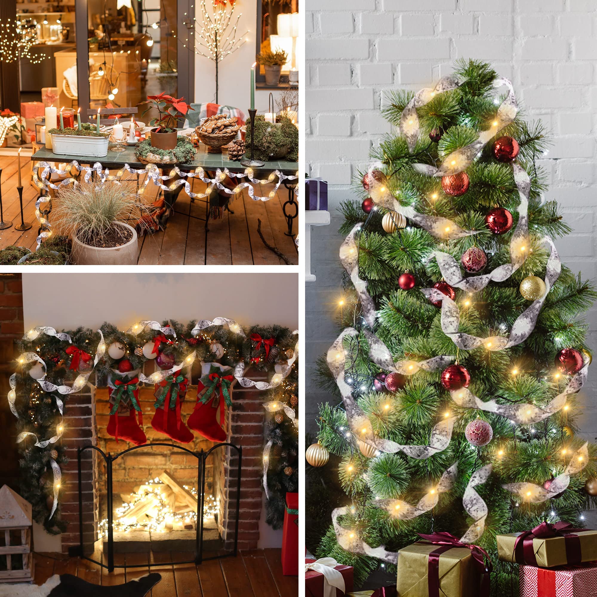 Minetom Christmas Tree Ribbon Lights - 33ft 100 LED Battery Powered, Copper, Silver Ribbon + Warm White LED