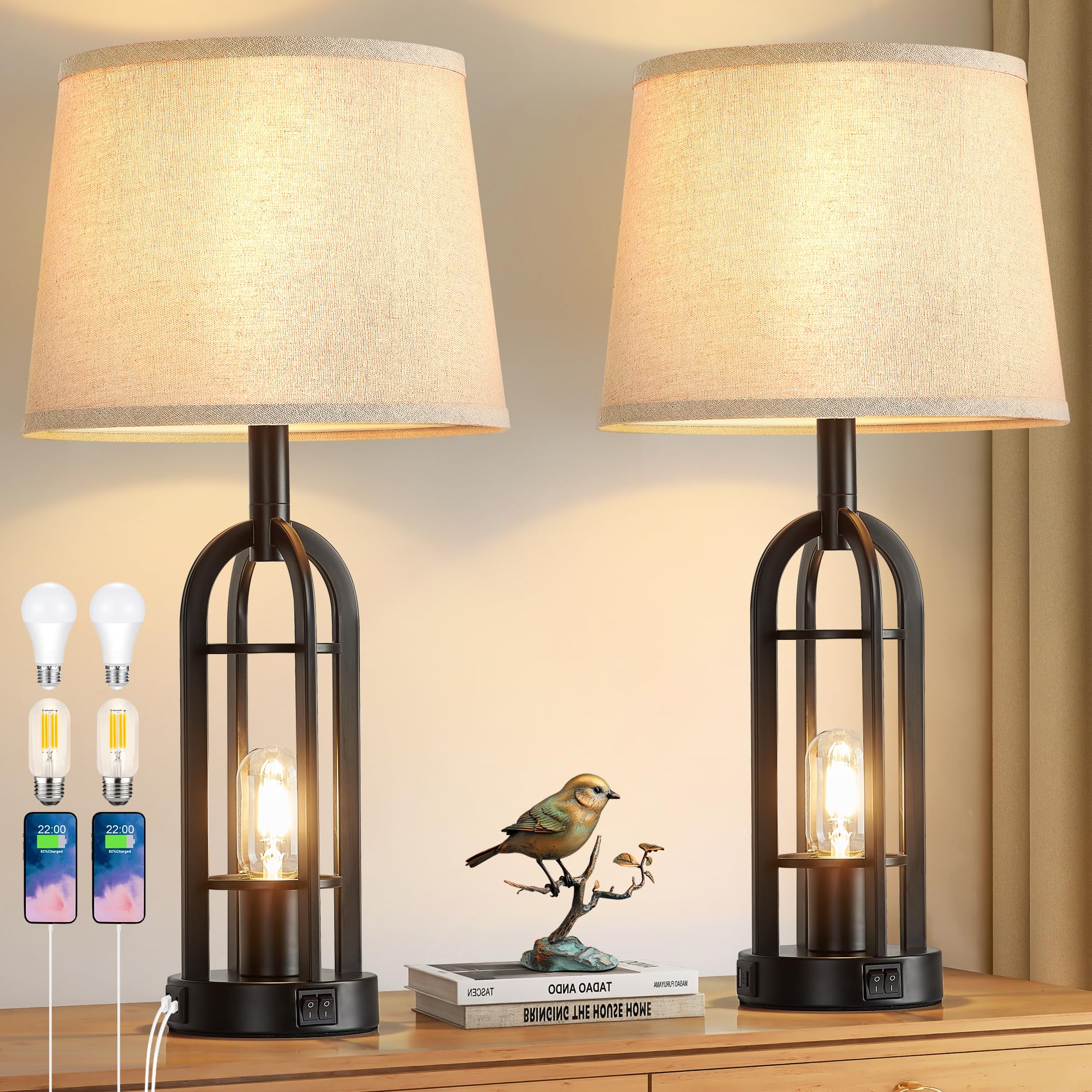 SRJJA Black Table Lamps for Living Room Set of 2 - Farmhouse Lamps for Night Stands with USB A+C, Bedside Lamps for Bedroom, 24'