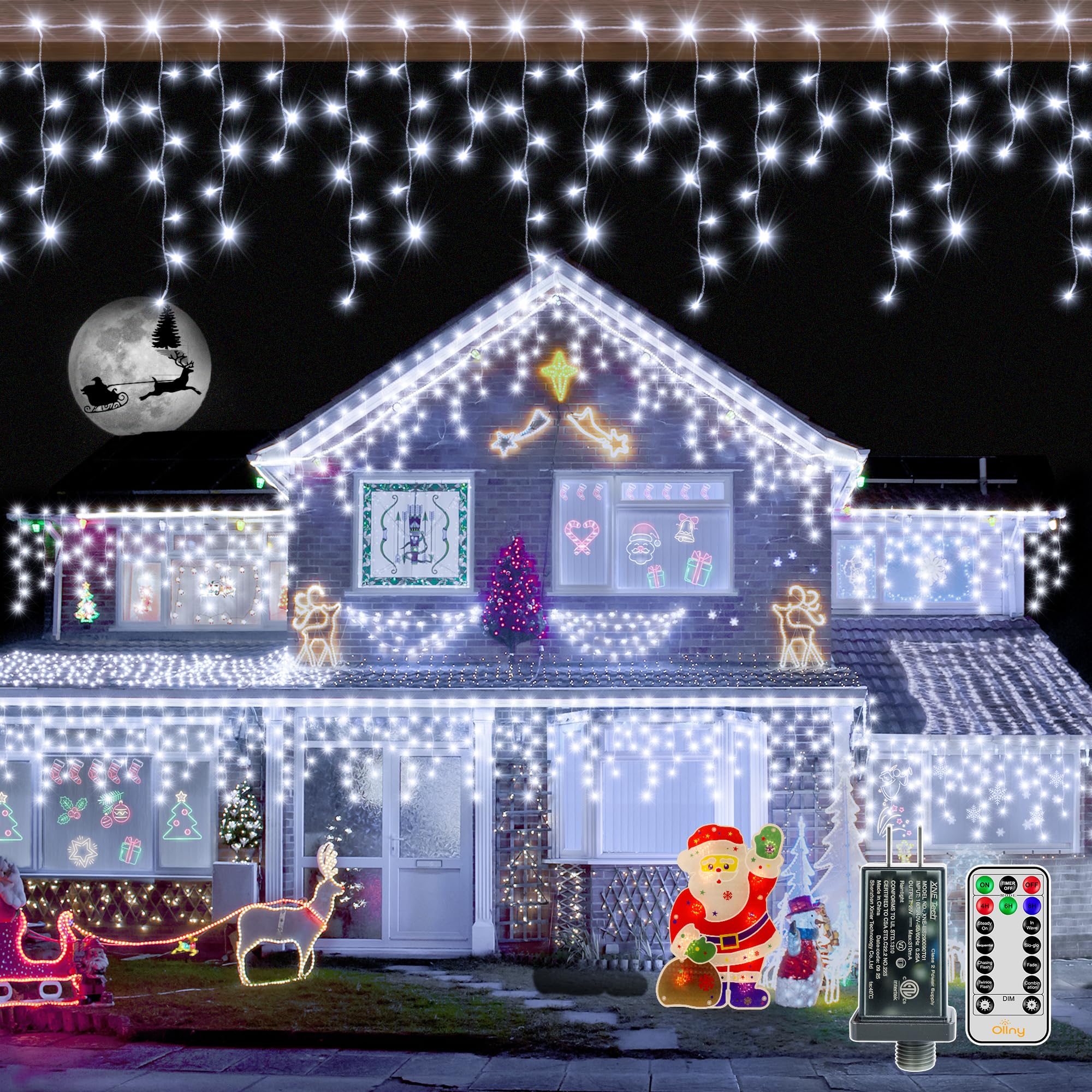 Ollny Cool White Icicle Lights, 720 Led, 60Ft, Waterproof, Remote Control, 8 Modes, Model Hg-29V721Bc For Indoor/Outdoor Decorations