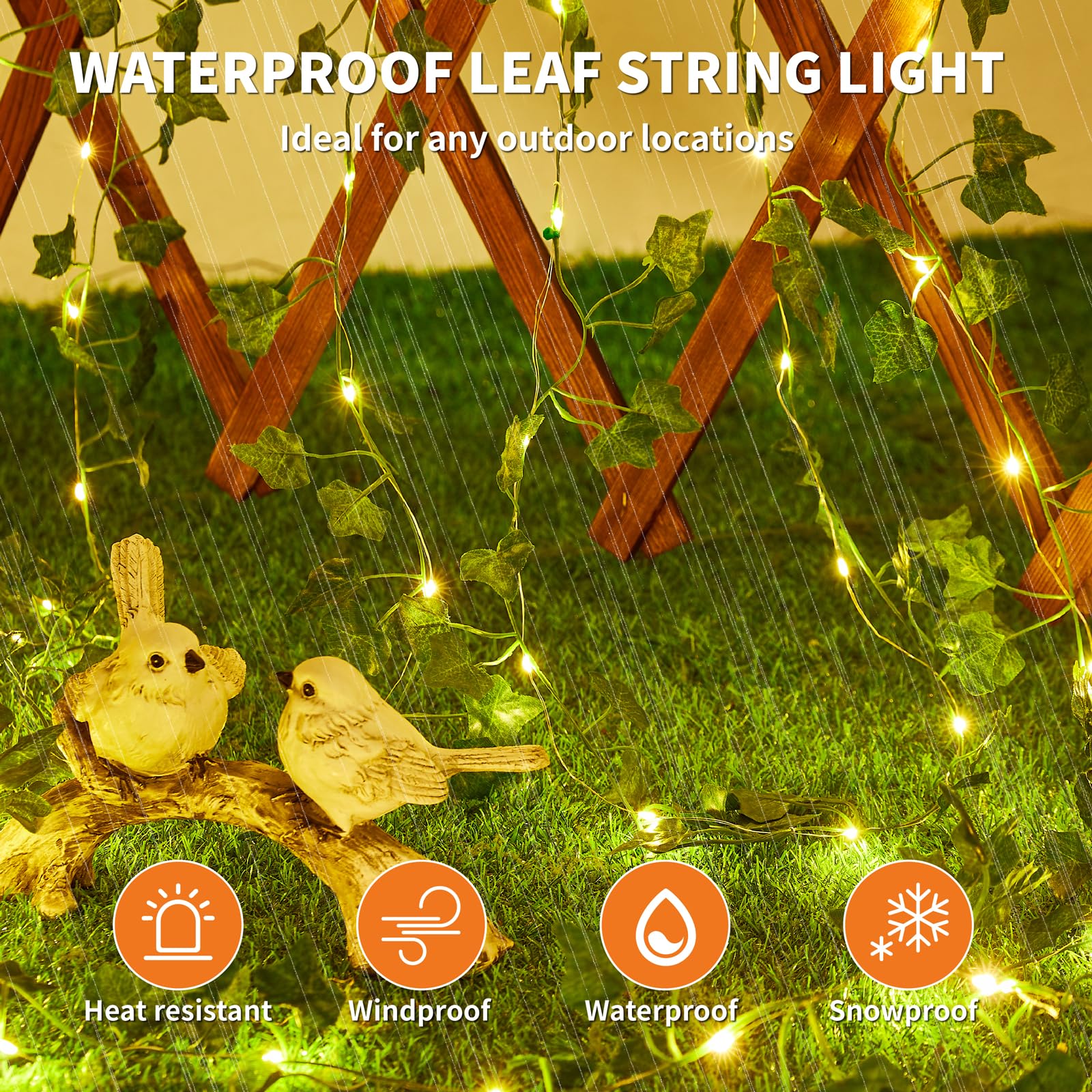 KAiSnova Solar Vine String Lights, 100LED Warm White, 33FT, Waterproof Fairy Leaf Lights for Outdoor Garden, Model Nov-solarleaf