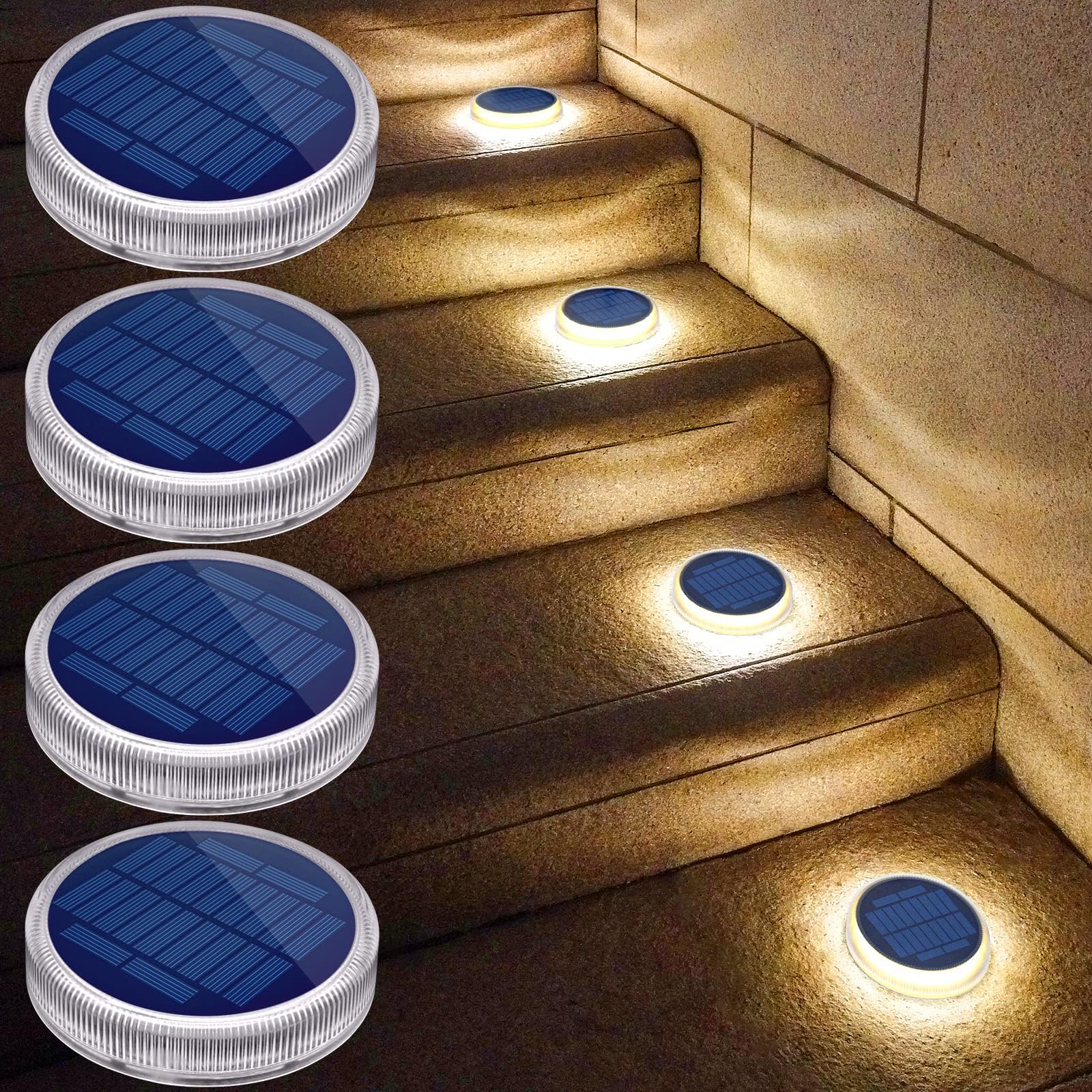 YiLaie LED Solar Deck Lights, Round Waterproof Stair Lights, Warm White, Model EL-SD-02, 4 Pack for Outdoor Garden Walkway