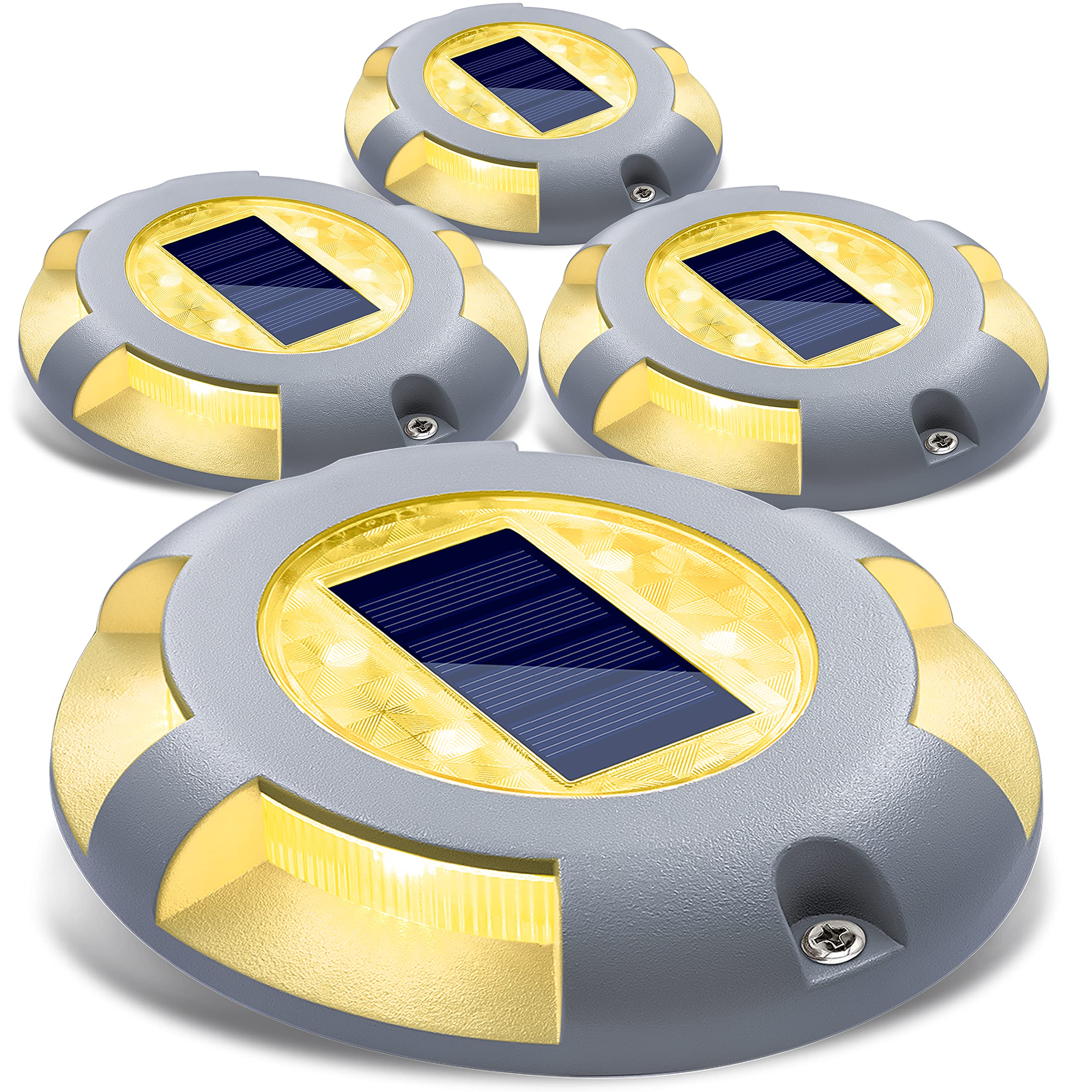 SIEDiNLAR Solar Deck Lights - LED Waterproof Road Markers for Pathway, 4 Pack, Warm White, Model SD0115Y-4PK, Aluminum