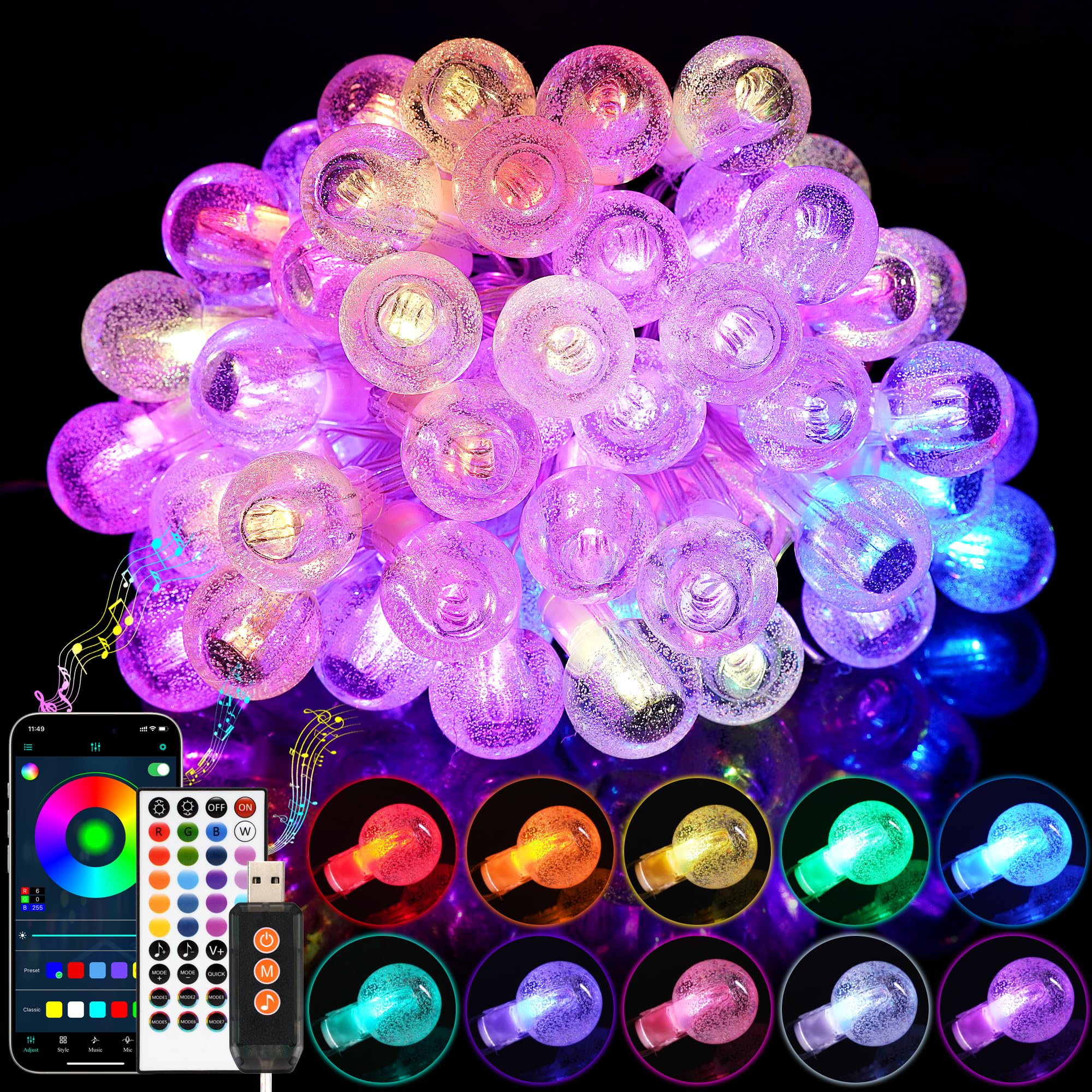 Smart Christmas String Lights Indoor, 29.5ft 213 Modes Crystal Fairy Lights, 60LED Color Changing Globe Decorative Hanging Lights with APP Remote Music for Bedroom Party Girl Gift Tent Wall Xmas Décor