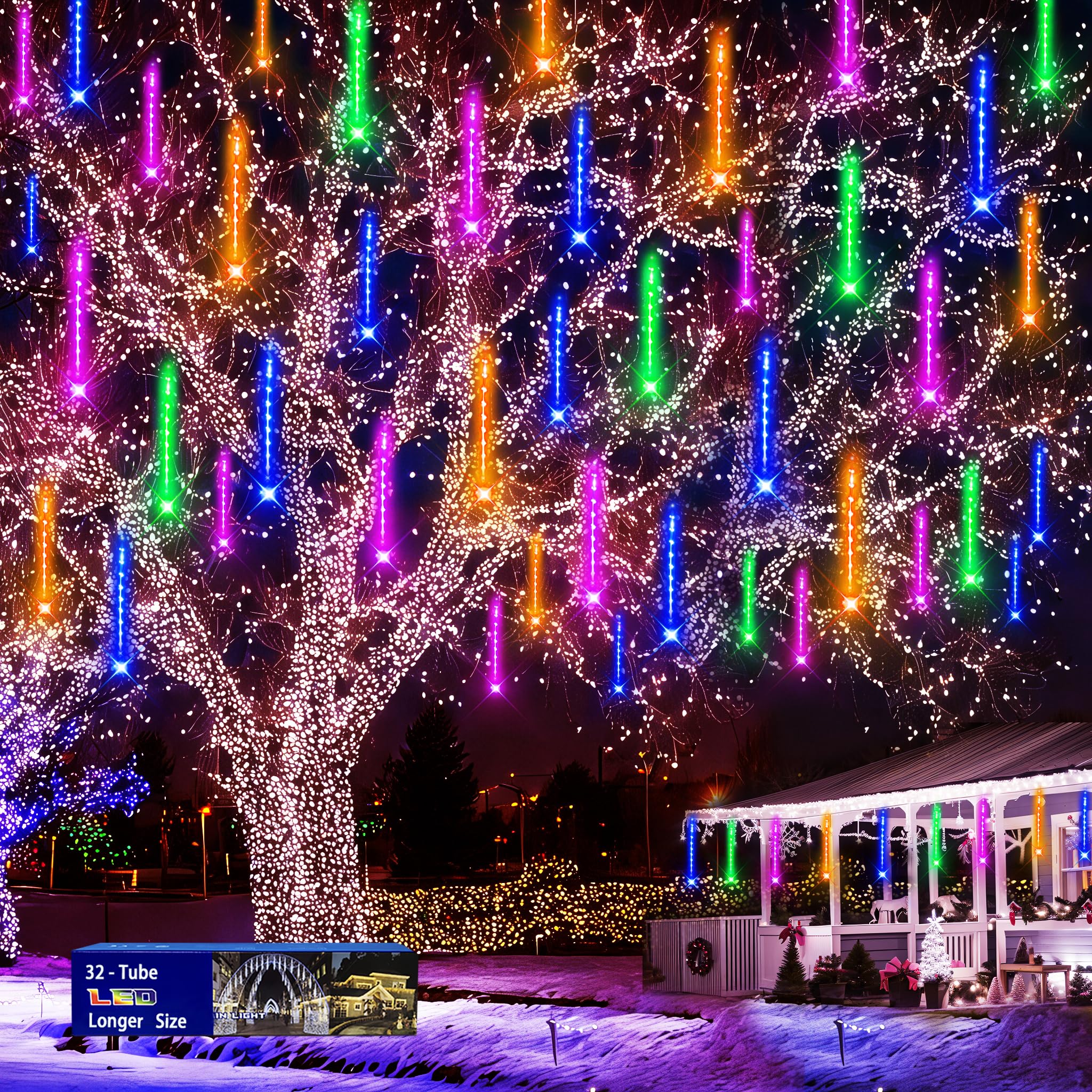 Christmas Outdoors Decoration, 32 Tubes Meteor Shower Lights Outdoor Indoor, Lauzior Snow Falling Icicle Cascading Lights for Ch