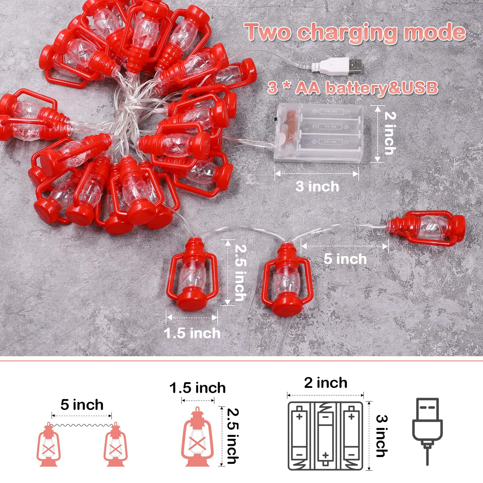 Acelist 20 Led Red Lantern String Lights Mini Kerosene Lamp For Indoor Outdoor Patio Garden Holiday Home Ramadan Wedding Party Christmas Tree New Year Decorations(Warm White Light)