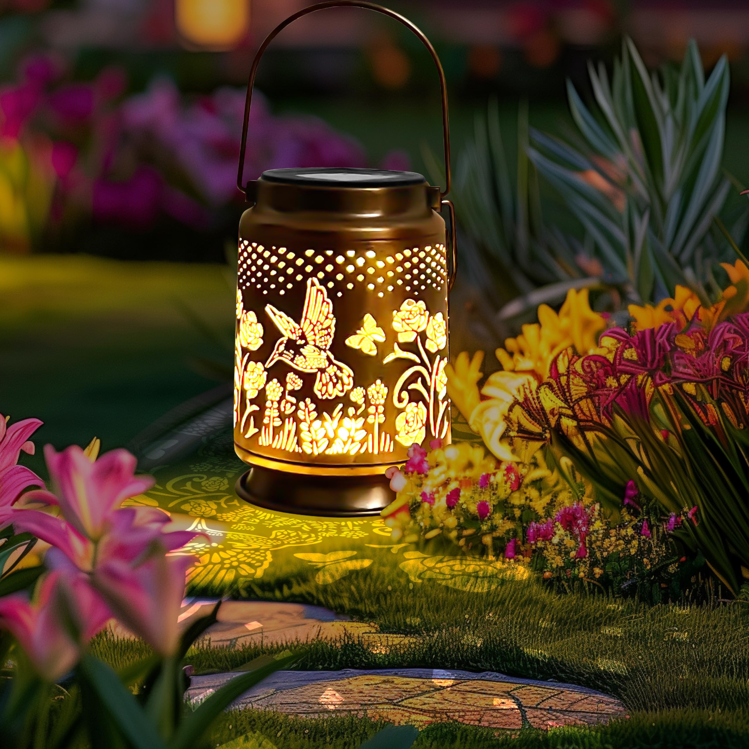 Ky&Bosam Vintage Solar Lanterns Outdoor Waterproof - Rose & Hummingbird Metal Garden Decor Ip65 Rustproof Camping Lights For Pat