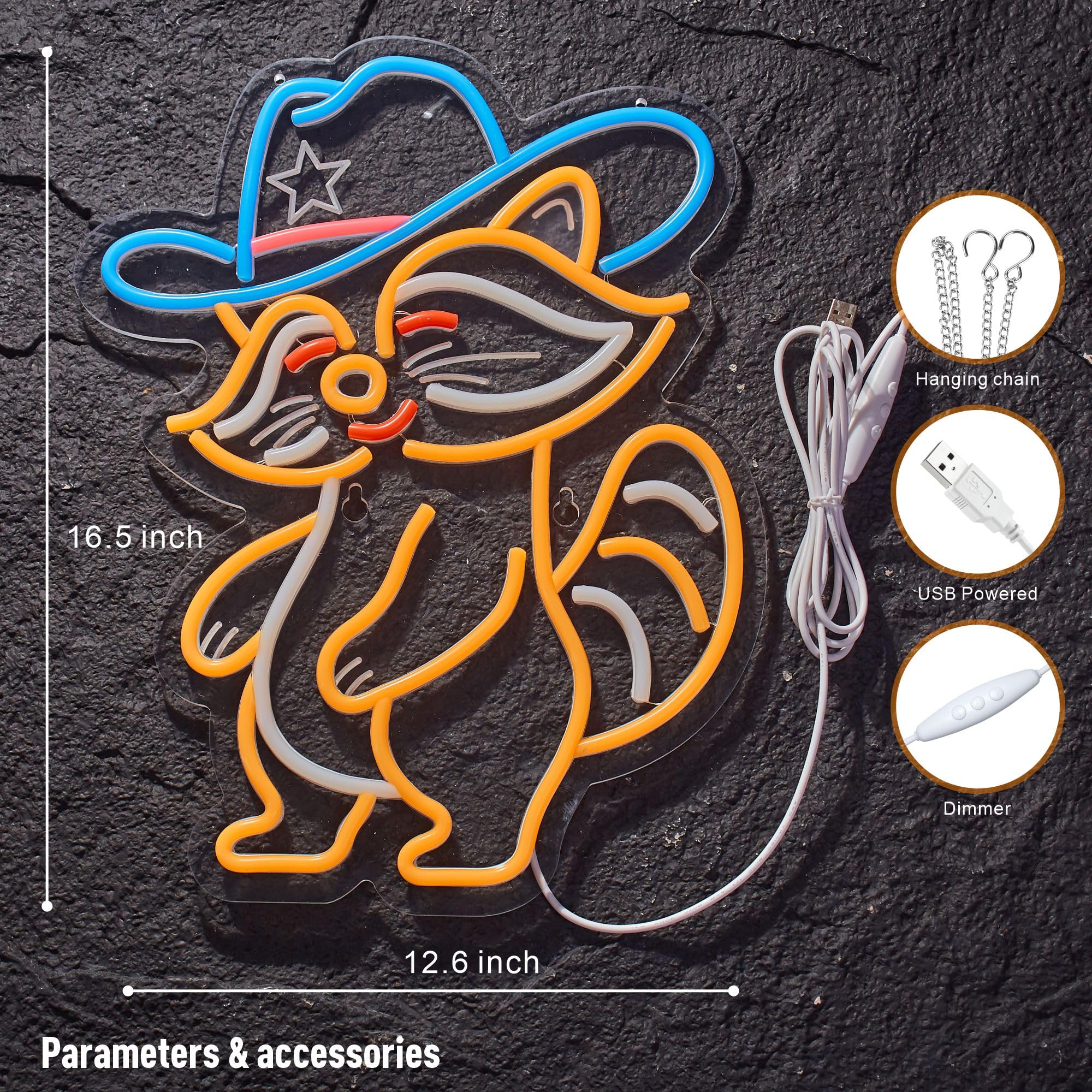 NEONLAND Cowboy Racoon Neon Sign LED Light USB Powered Dimmable 16.5 x 12.6 inches Racoon Orange
