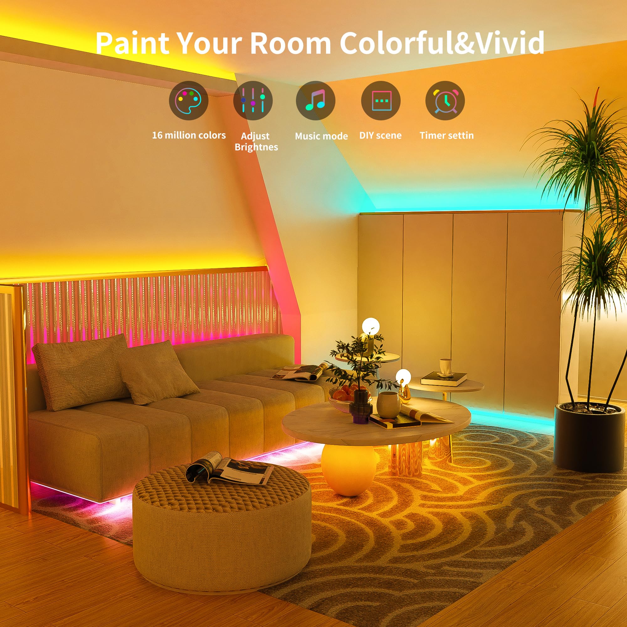 Ledagic 100ft RGB LED Strip Lights with Music Sync, Remote & App Control - Color Changing - White - Model: Led-rgb001-1