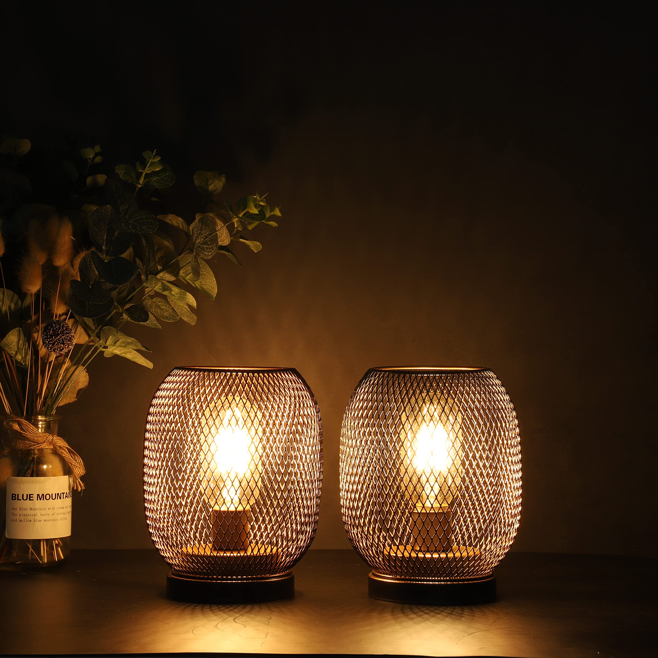 JHY DESIGN Metal Cage LED Lantern Set of 2, Battery Powered, Round Shape, Bronze, Model JHY30132S-R, Indoor/Outdoor Use