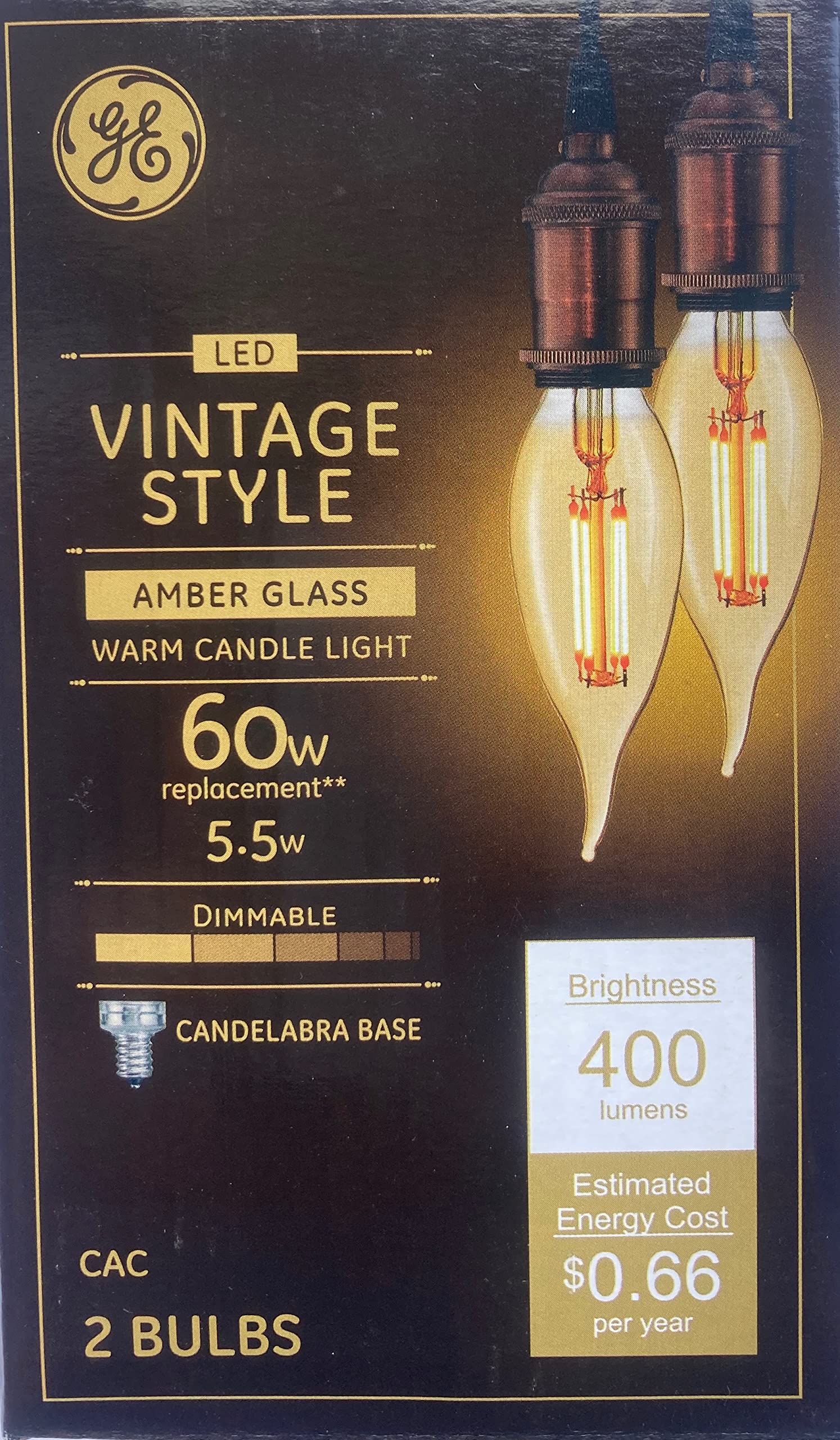 GE (2 Bulbs) Vintage Amber Glass LED Chandelier Bulb, Candelabra Base, 60 watt Equivalent, 400 lumens, Dimmable Decoractive LED 