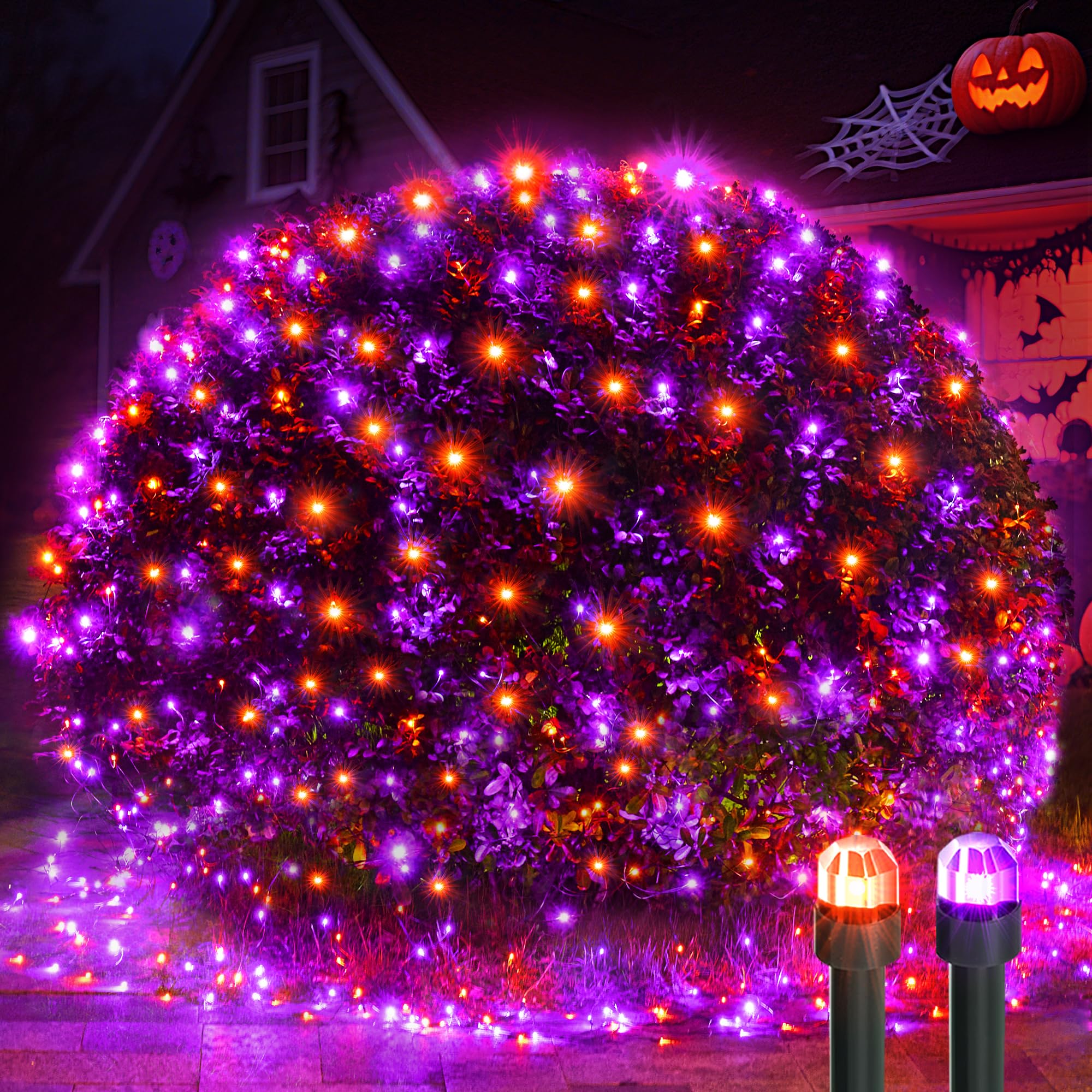 WBao Orange Purple Halloween Lights Outdoor 200LED F8 Big Bulbs, 8.4ft x 5.2ft Halloween Net Lights with 8 Modes, Timer, Connect
