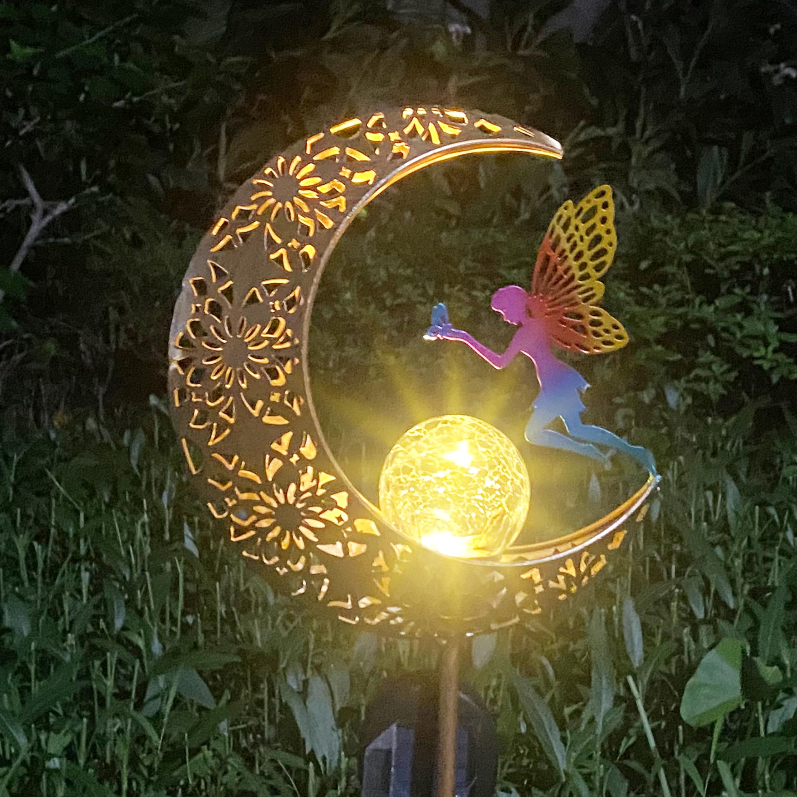 VividLadybug Solar Garden Lights Outdoor Decor, Moon Fairy Crackle Glass Lights, Waterproof LED Landscape Lighting Metal Stake O