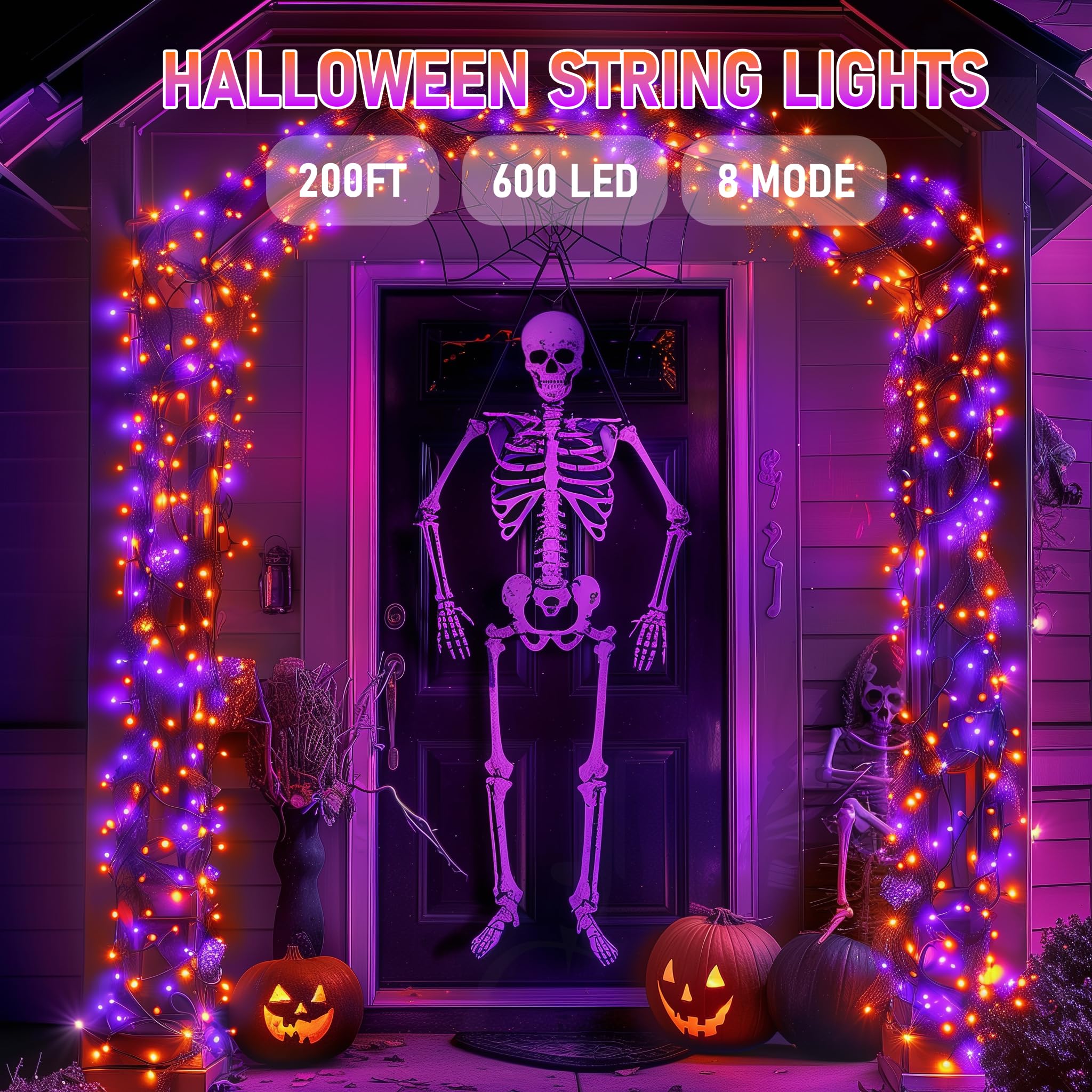 Dazzle Bright Halloween String Lights, 600 Led 196 Ft Waterproof Black Wire String Lights With 8 Lighting Modes, Halloween Decor