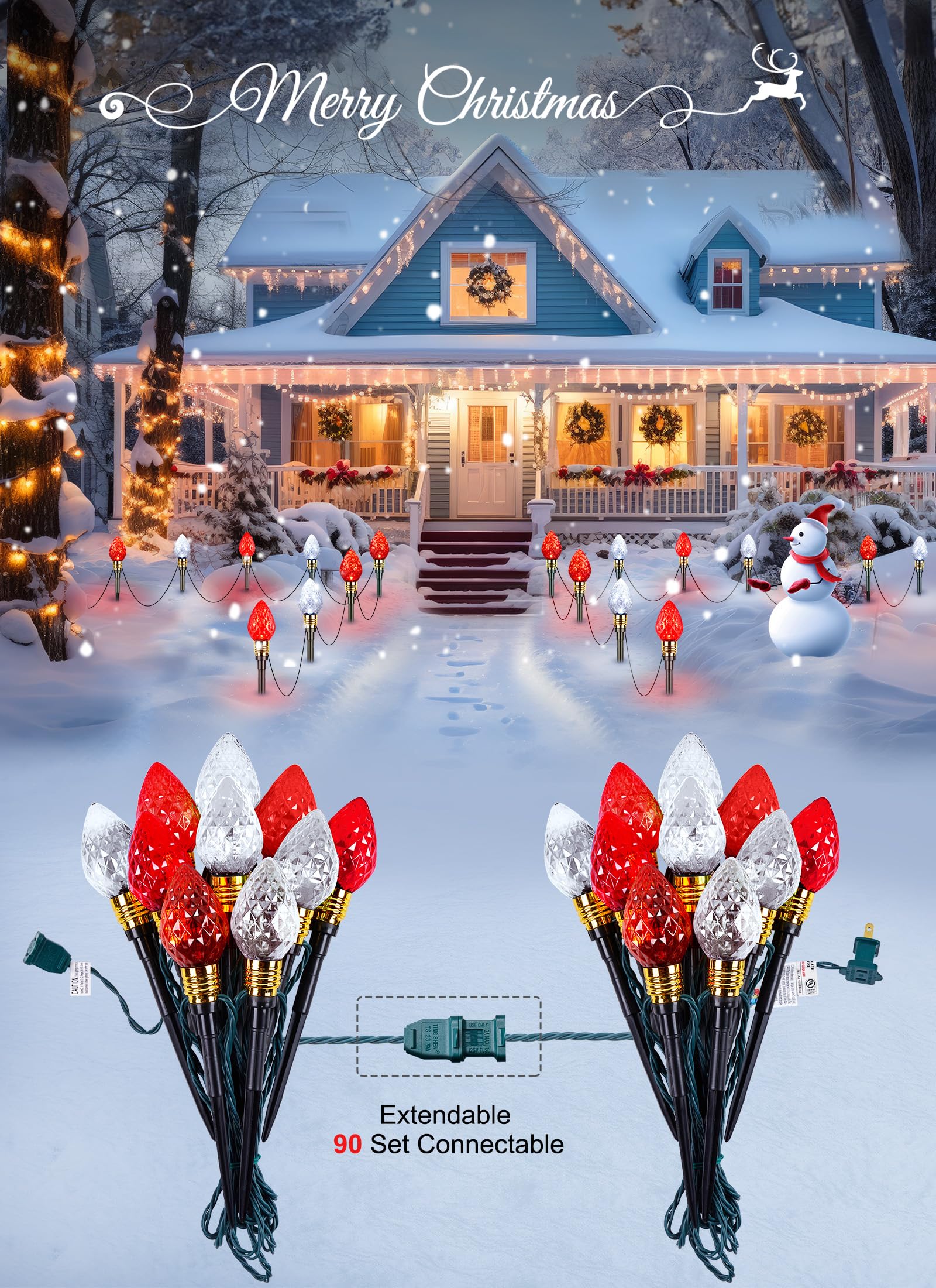Brightown C9 Christmas Pathway Lights - 20 LED, 34.8 Feet, Strawberry Red & Pure White, Outdoor Decorations for Yard, Model GY-C-50.6-U-B1