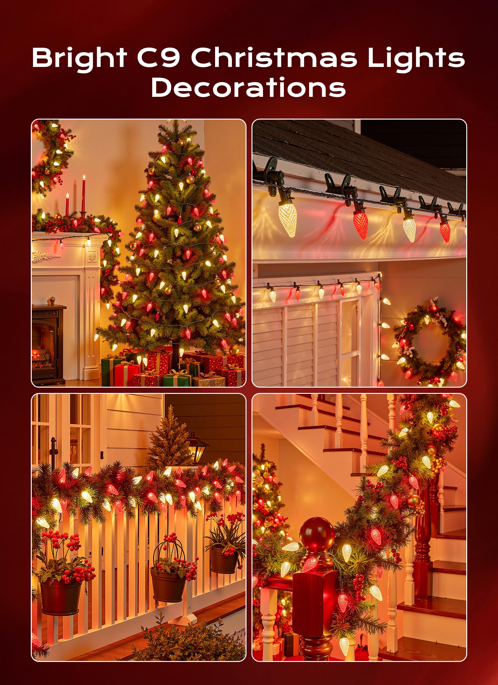 C9 Christmas Lights Outdoor  66 Ft 100 Led Connectable C9 String Lights With 8 Modes And Timer Xmas Tree Patio Roofline Garden Yard Holiday Party Indoor Outdoor Decoration  Red And Warm White
