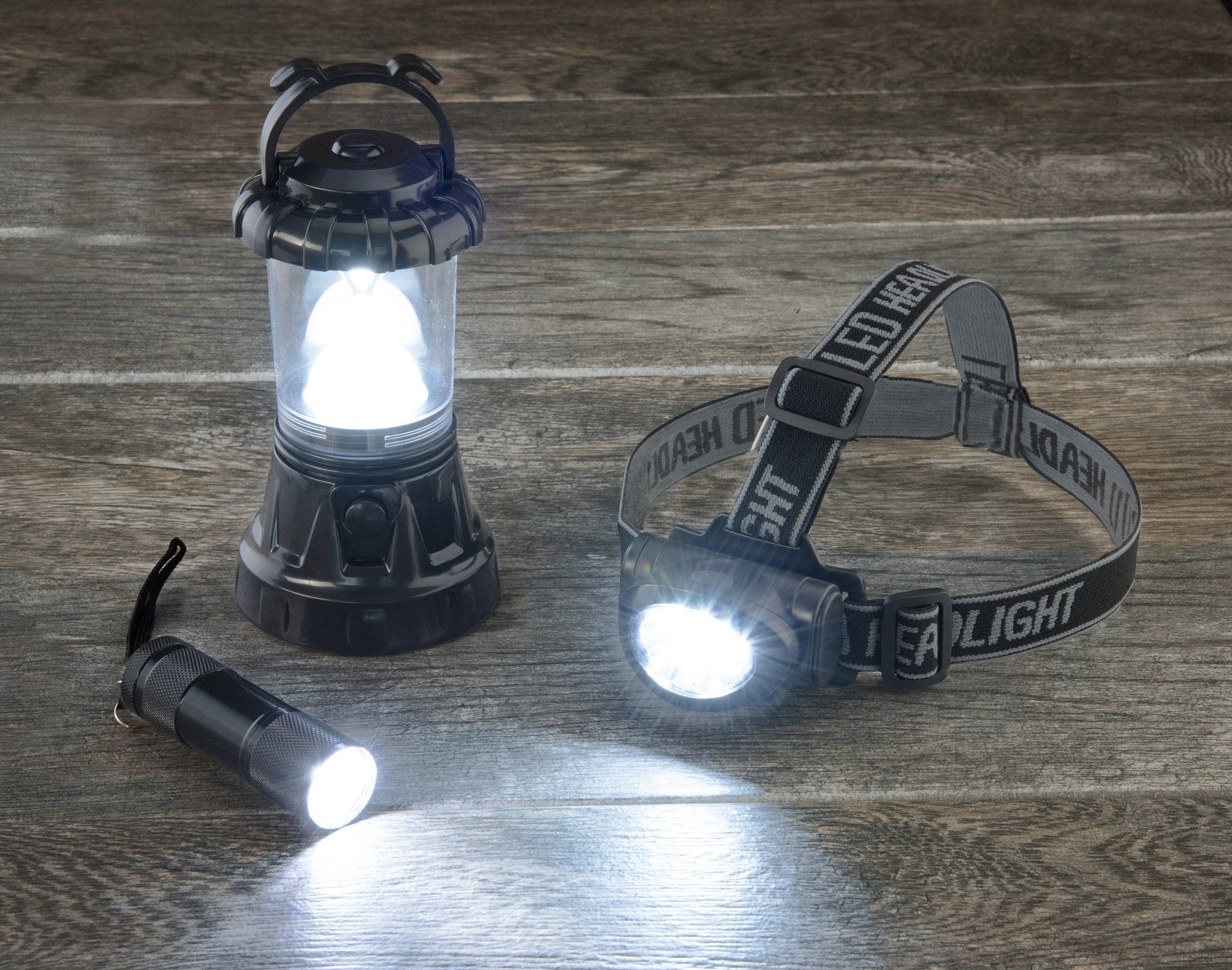 Se 3-Piece Black Camping Light Set: 11-Led Lantern, 10-Led Headlamp And 9-Led Flashlight - Fl806-3Bk