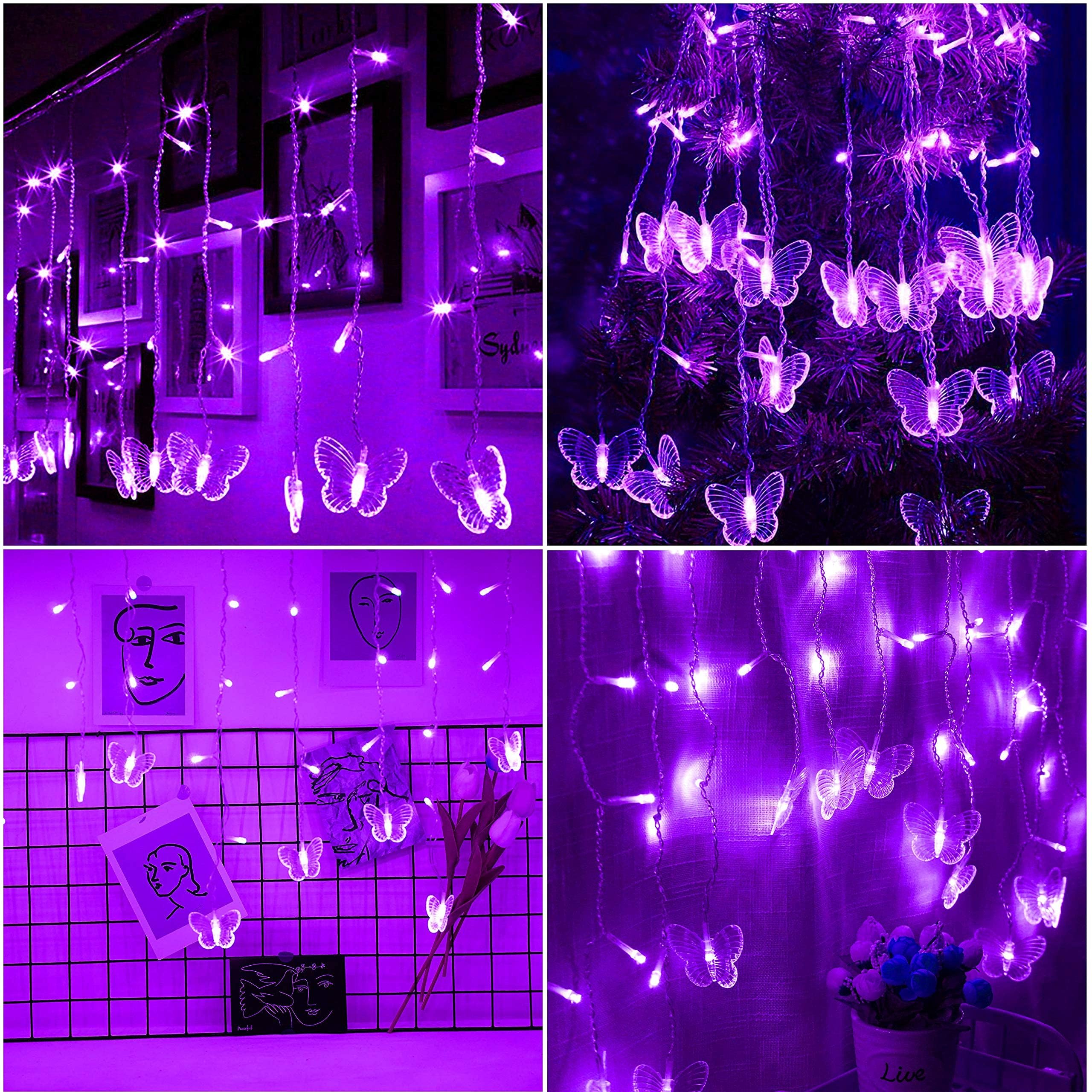 Lainin String Light 13Ft 96Led Usb Powered Curtain Light 16 Butterflies Strings 8 Mode Fairy Light Strip For Party Indoor Outdoor Room Garden Wall Wedding Christmas Xmas Decorations (Purple)