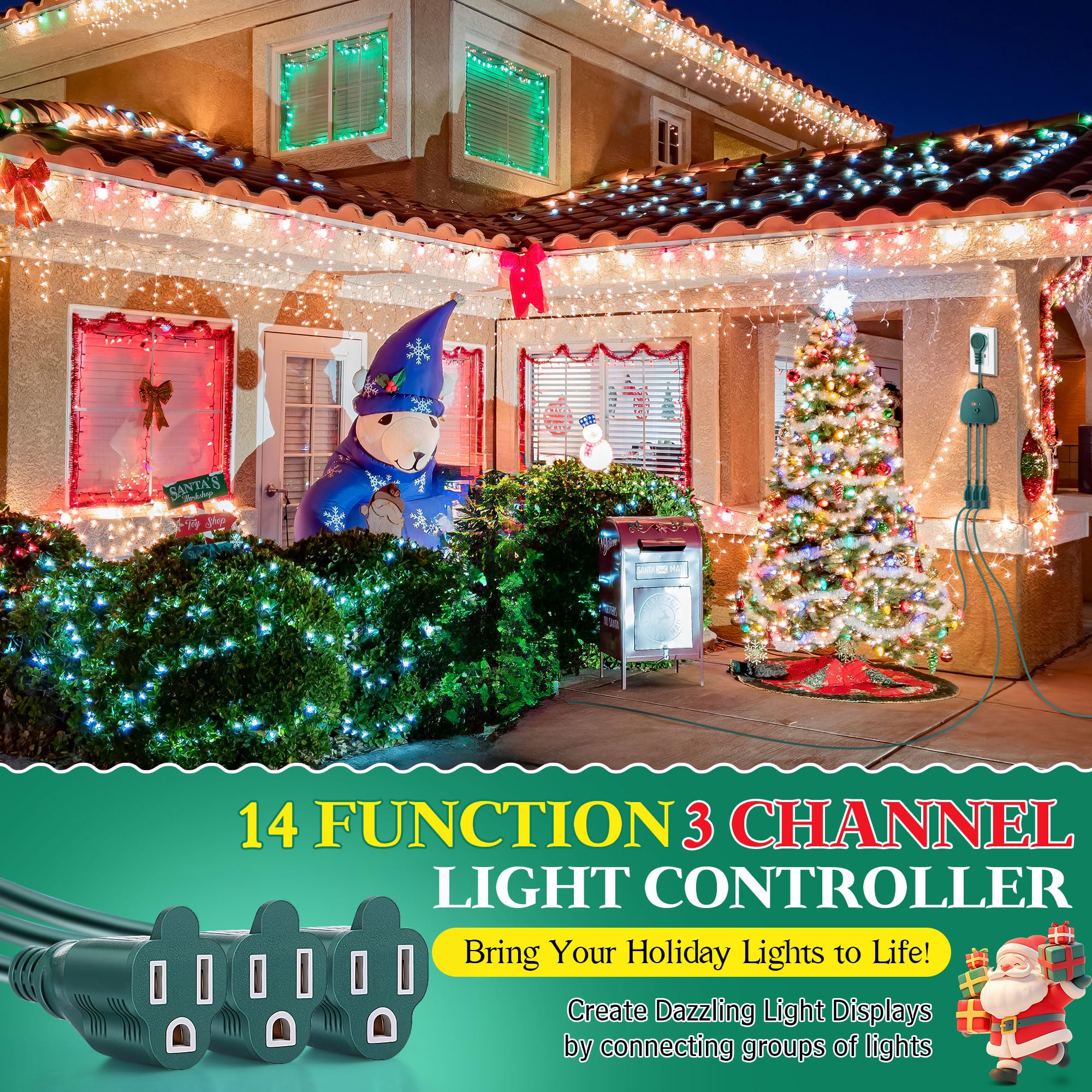 Gulfmew Christmas Light Controller with Remote, 14 Functions, Dusk to Dawn Sensor, Green, Model TD-Gulfmew-1056
