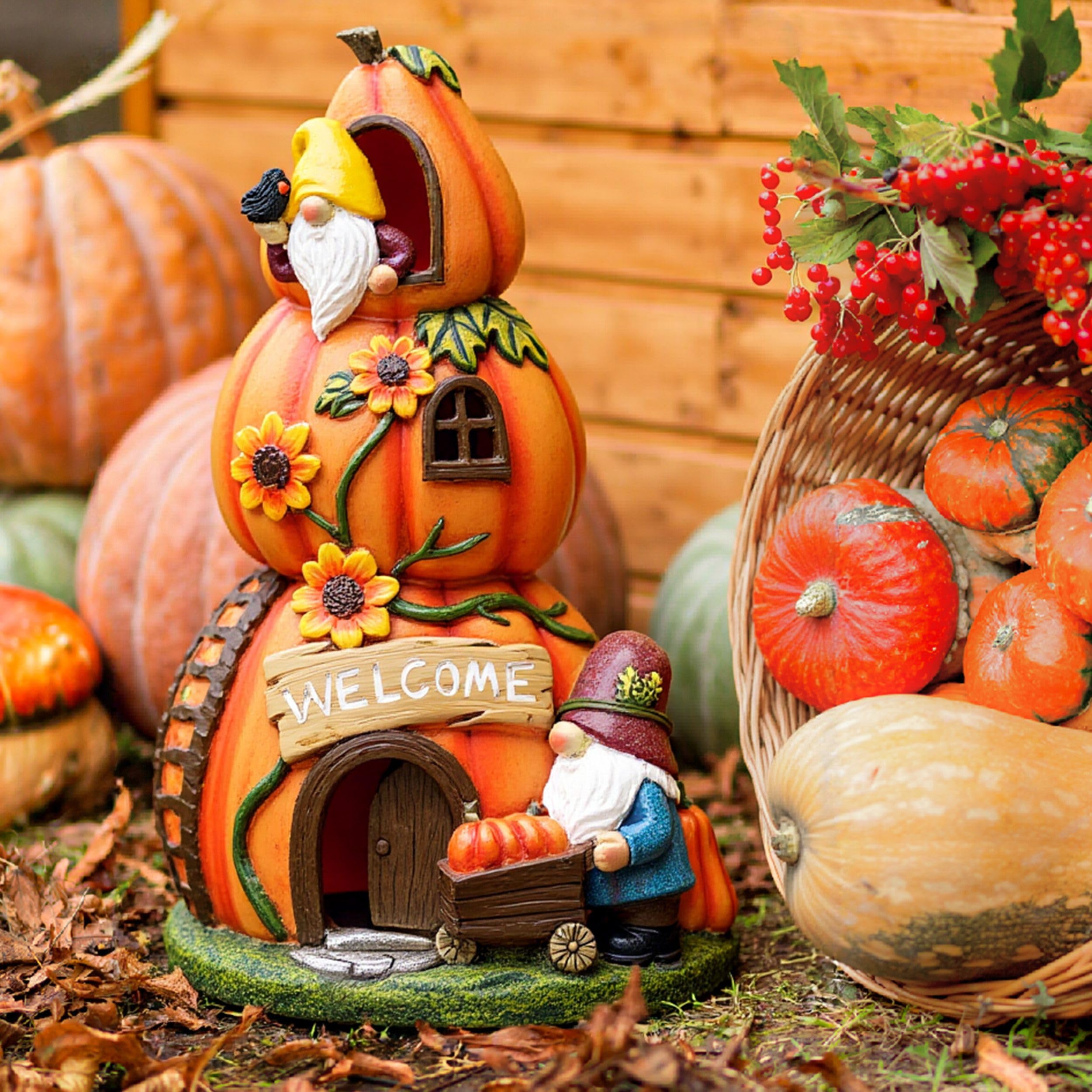 TeresaS Collections Fall Decor  Pumpkin Decor  Orange Pumpkin Fairy House And Gnomes Santa With Solar Lights  Waterproof Resin Outdoor Fall Decor  Fall Gifts Outdoor/Indoor  6.7
