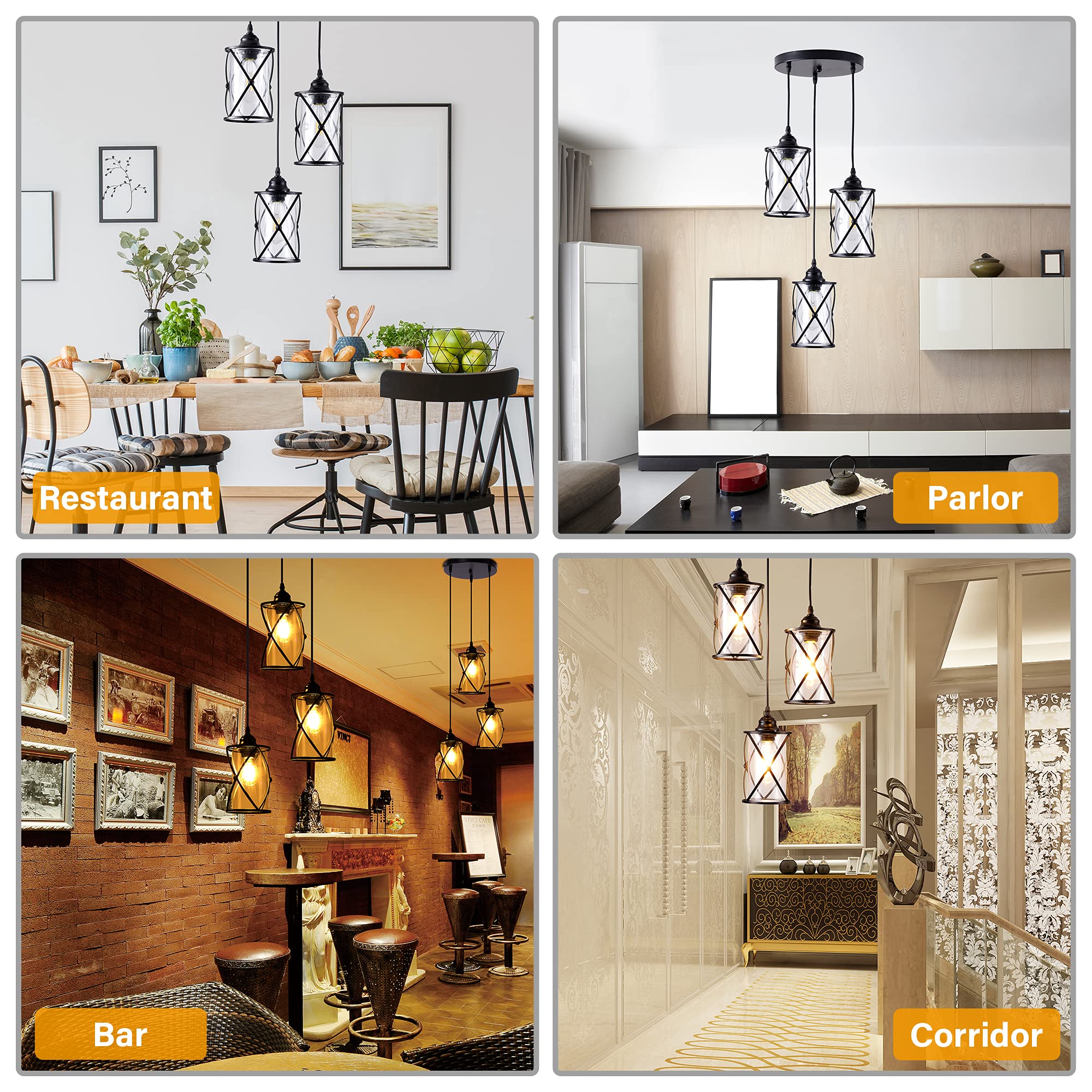 Dumaiway 3-Light Metal Cage Pendant Light, Black Glass Shade For Kitchen, Dining, Farmhouse