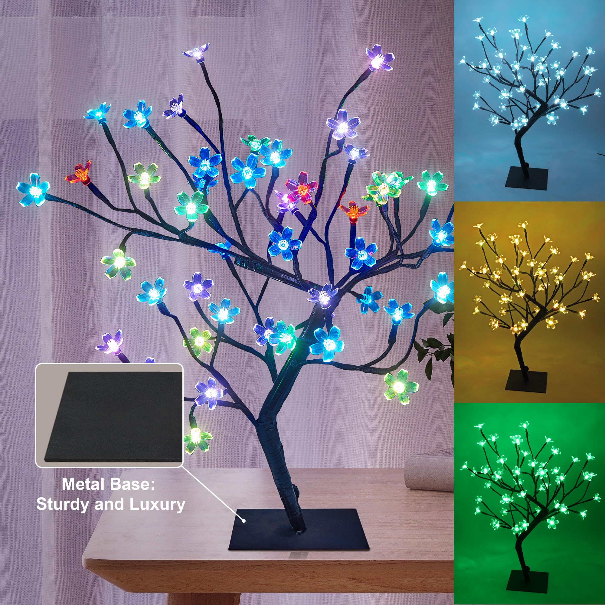 LIGHTSHARE 18" Cherry Blossom Bonsai Tree with 48 RGB LED Lights, Remote Control, 16 Color Modes, Metal Base, 24V Adapter