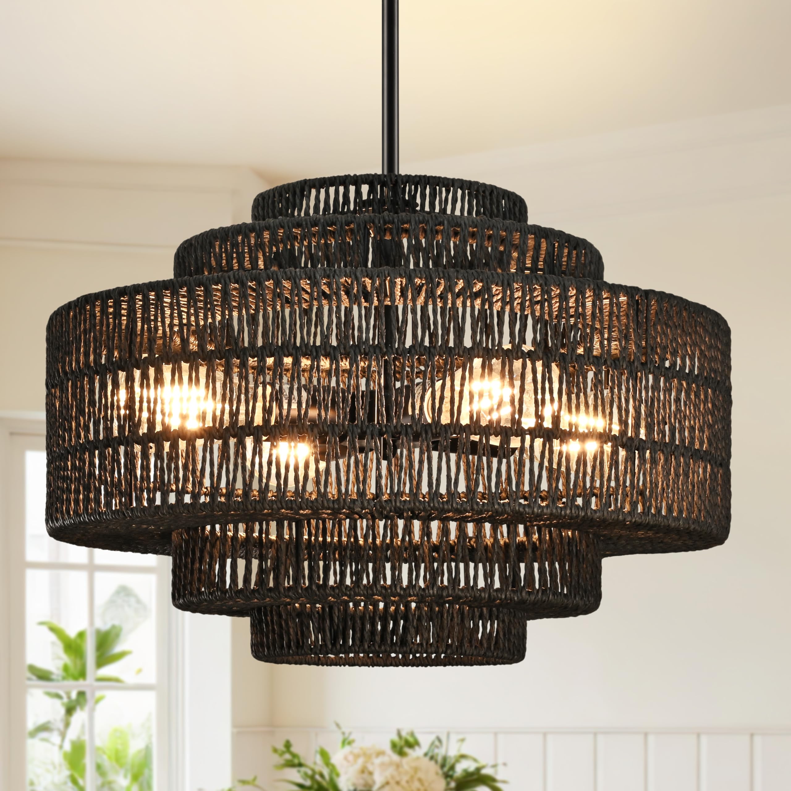 AyshwillDec 18 4-Light Black Rattan Chandelier Woven Rattan Pendant Light Boho Wicker Pendant Lighting Fixture Farmhouse Chandel