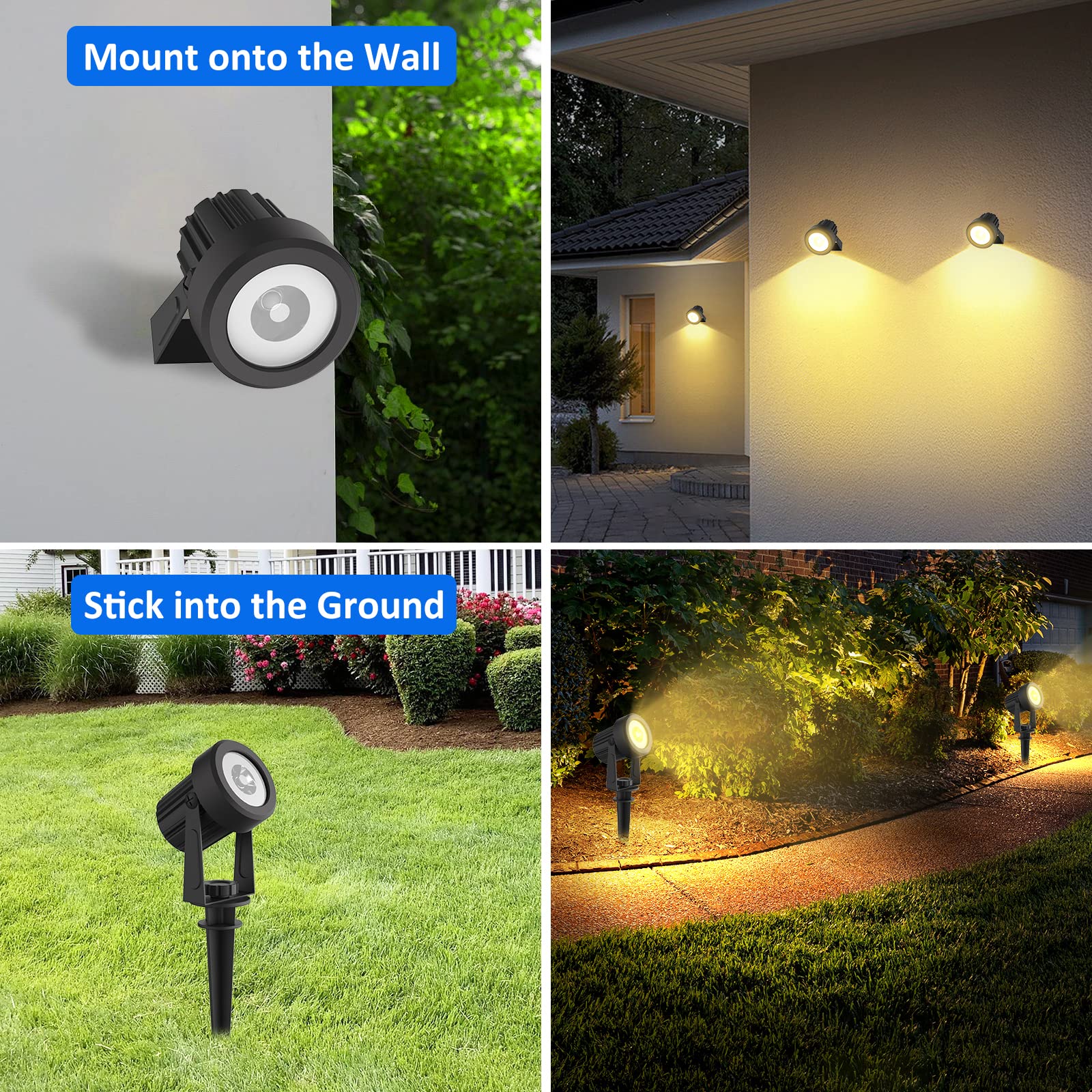 T-SUNUS Solar Garden Spotlight, 4-in-1, IP65 Waterproof, 5W Solar Panel, Auto On/Off, Warm White 3000K, Yellow