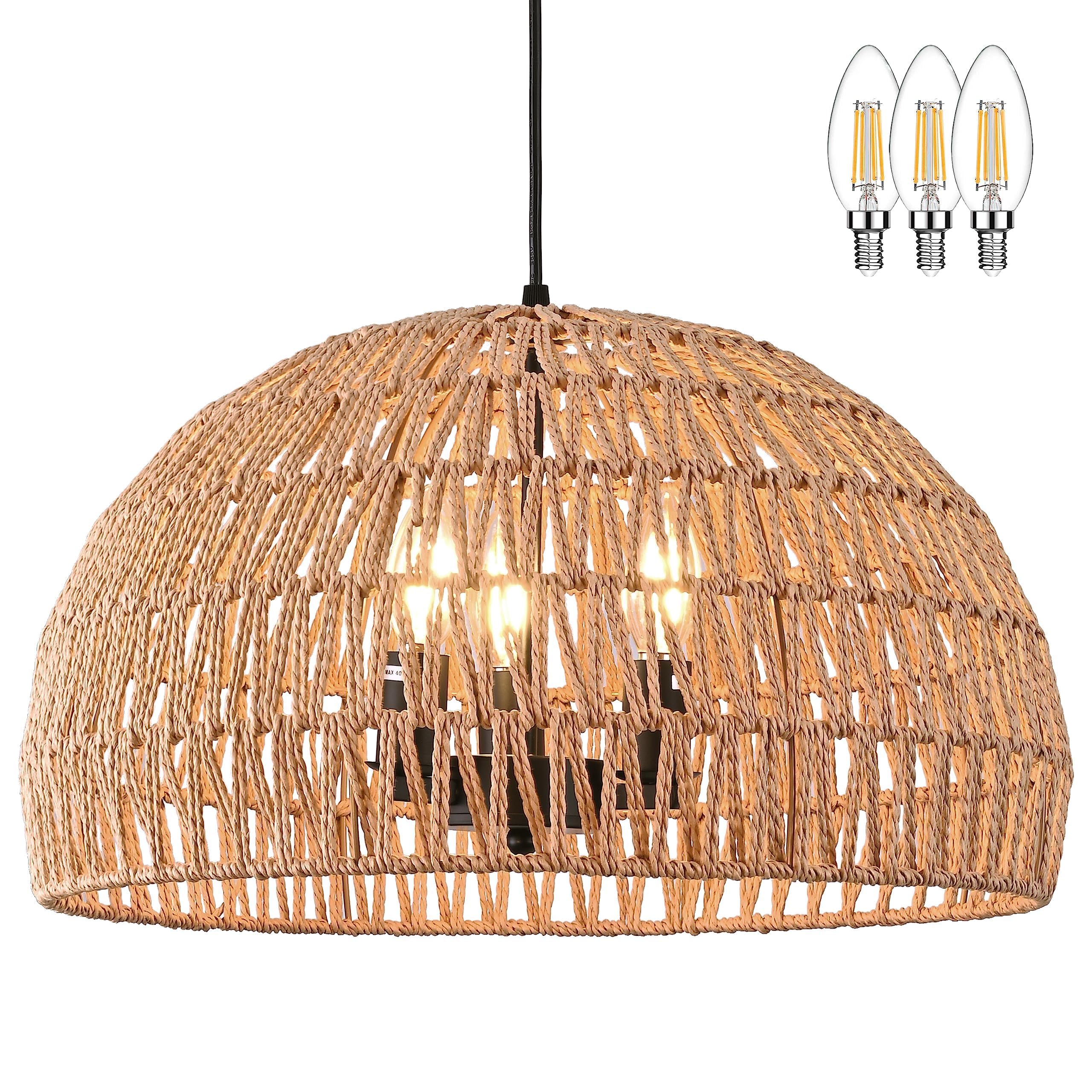 Ayshwilldec 17.6&quot; Hemp Rope Woven Pendant Light - 3-Light Boho Rattan Chandelier For Dining Room