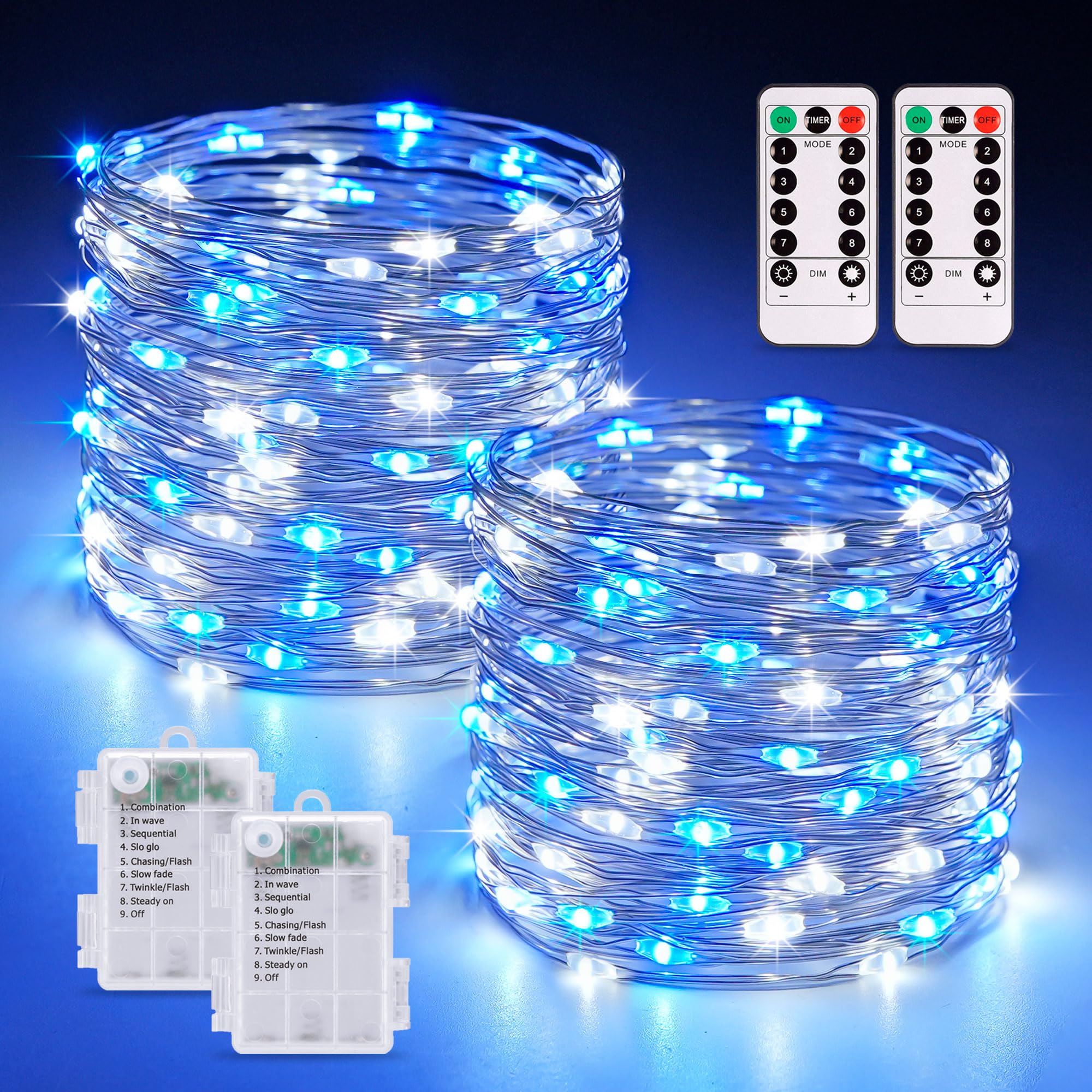 JMEXSUSS 2 Pack 100 LED Blue and White Fairy Lights Battery Operated, 33ft Blue and White Christmas Lights with Remote, 8 Modes Battery Powered Twinkle String Lights for Bedroom Christmas Tree Decor