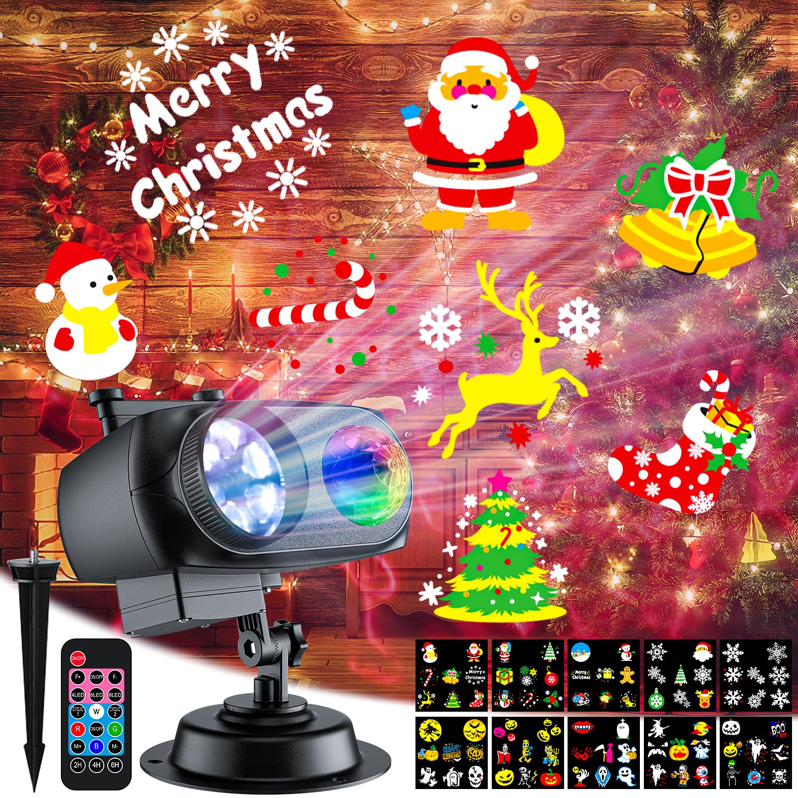SHEDALED Christmas Projector Lights Outdoor 2024 Upgraded, 4/6/8 Theme Patterns Adjustable Holiday Projector, 2 in 1 LED Snowfla