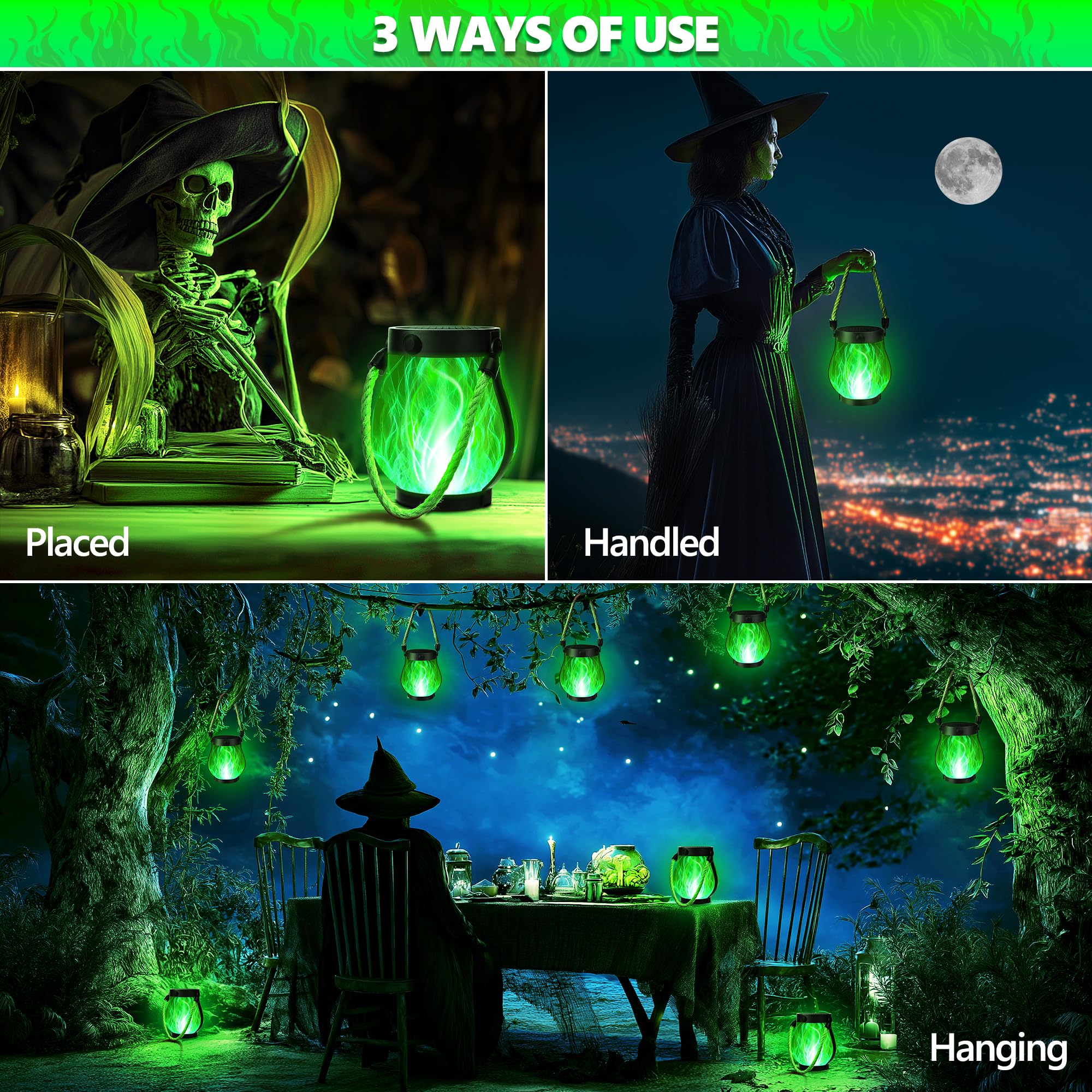 Ibaycon 2 Pack Solar Lanterns Lights  Halloween Flickering Flame Garden Lights With 2 Modes Dual Charging Usb & Solar  Outdoor Waterproof Hanging Lantern For Party Holiday Halloween Decor (Green)