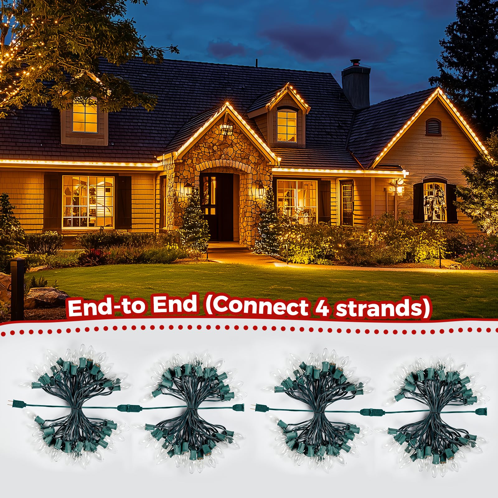 Brightown C9 String Lights 50FT Warm White Clear for Indoor/Outdoor Christmas Decoration, E17 Base, Green Wire, Model GYPI-O507BU