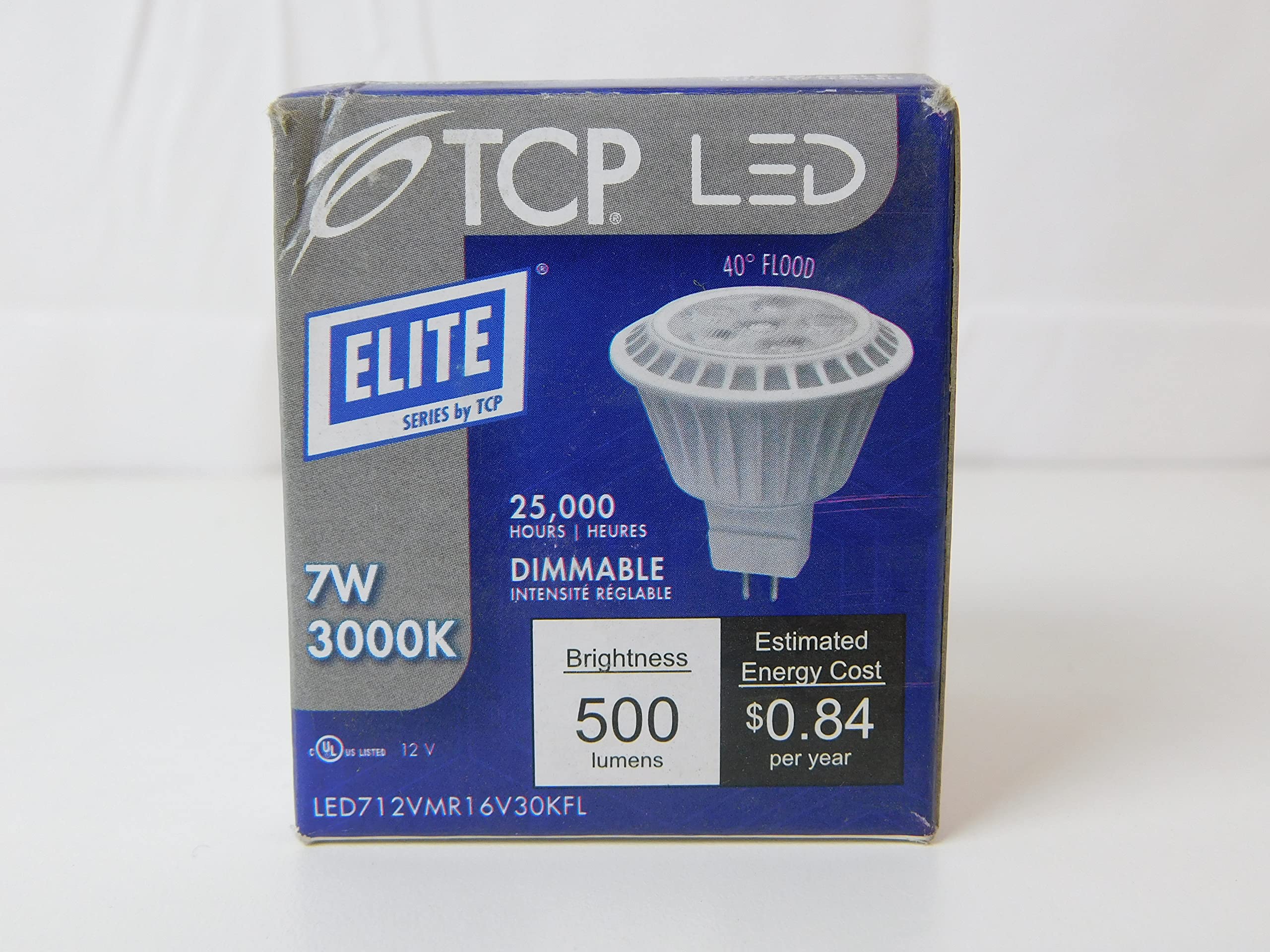 TCP MR16 LED Lamp 7W 500 Lumens 82 CRI 3000K Halogen White 2-Pin GU5.3 Base Model LED712VMR16V30K