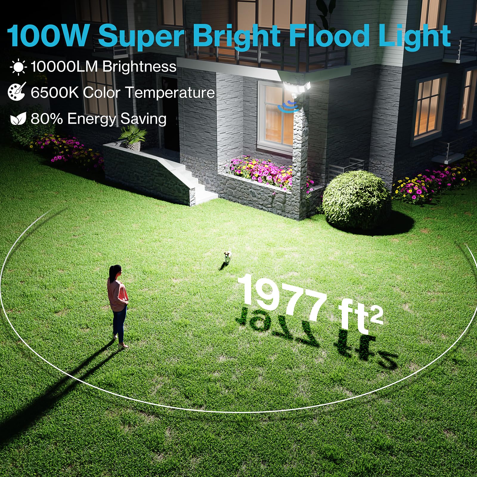 Olafus 100W Motion Sensor Flood Lights, 10000LM, IP65 Waterproof, Dusk to Dawn, 2 Pack, White