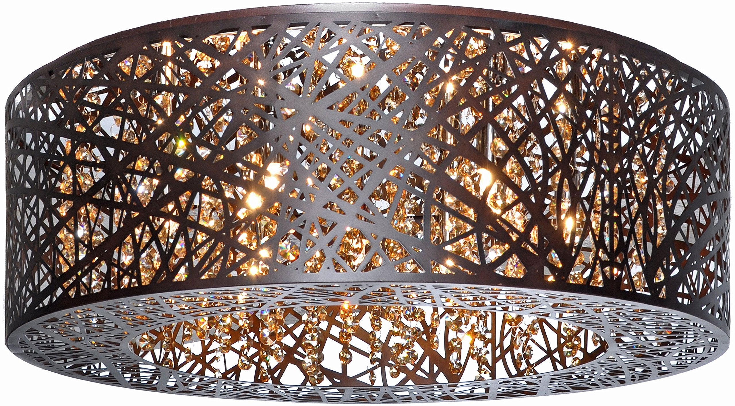 Et2 E21301-10Bz Inca Modern Metal Web Laser-Cut Sheath With Crystal Drum Flush Mount Ceiling Lighting, 9-Light Xenon 360 Watts, 