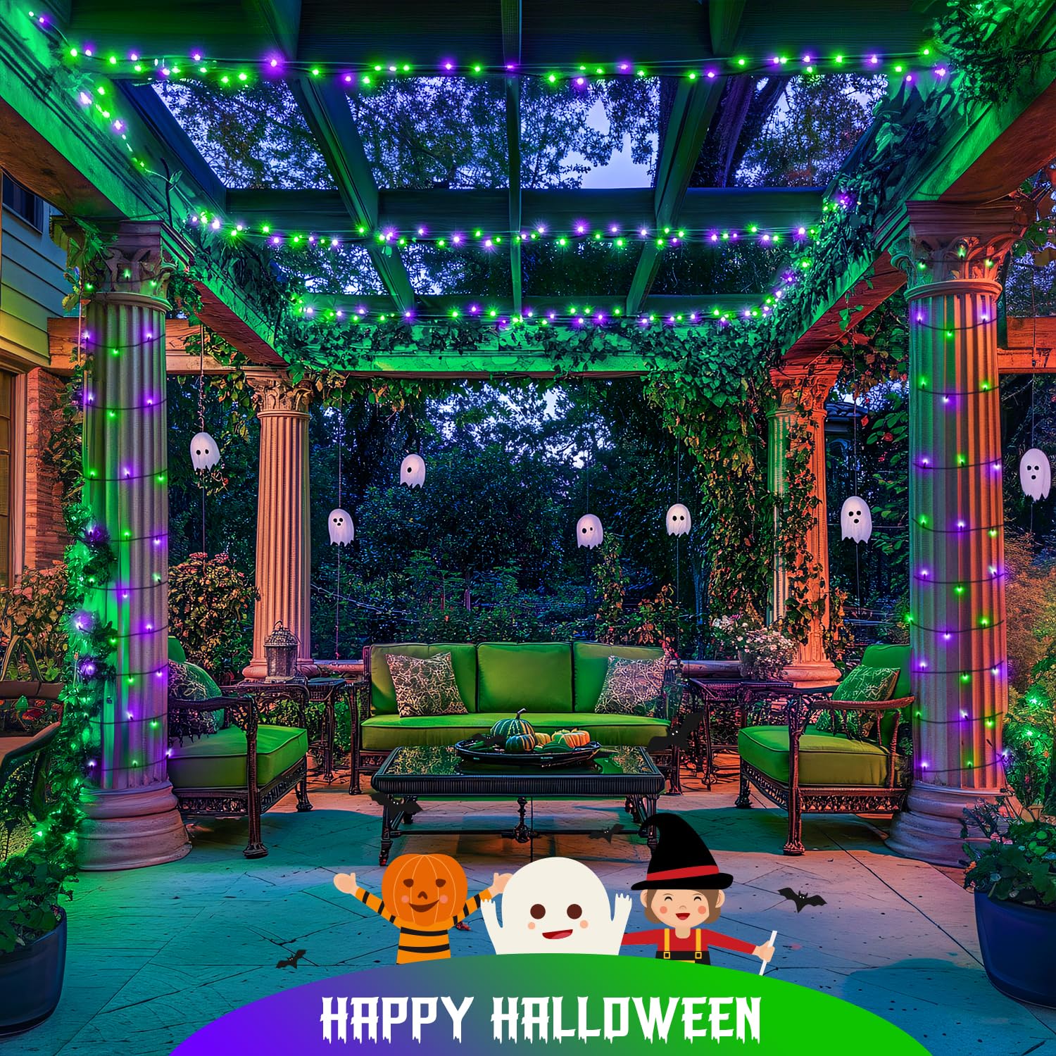 JMEXSUSS Solar Halloween Lights, 400 LED 151FT, Purple and Green, 8 Modes, Waterproof String Lights for Outdoor Decorations
