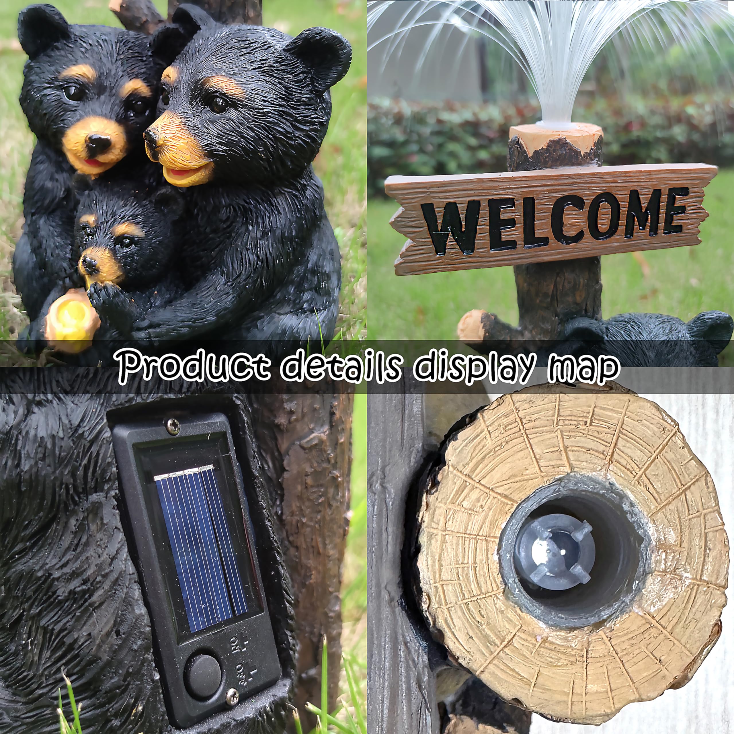 Rctticuu Solar Bear Garden Statues,Resin Black Bear Family Figurine With Welcome Card And 7-Color Changing Optical Fiber With So
