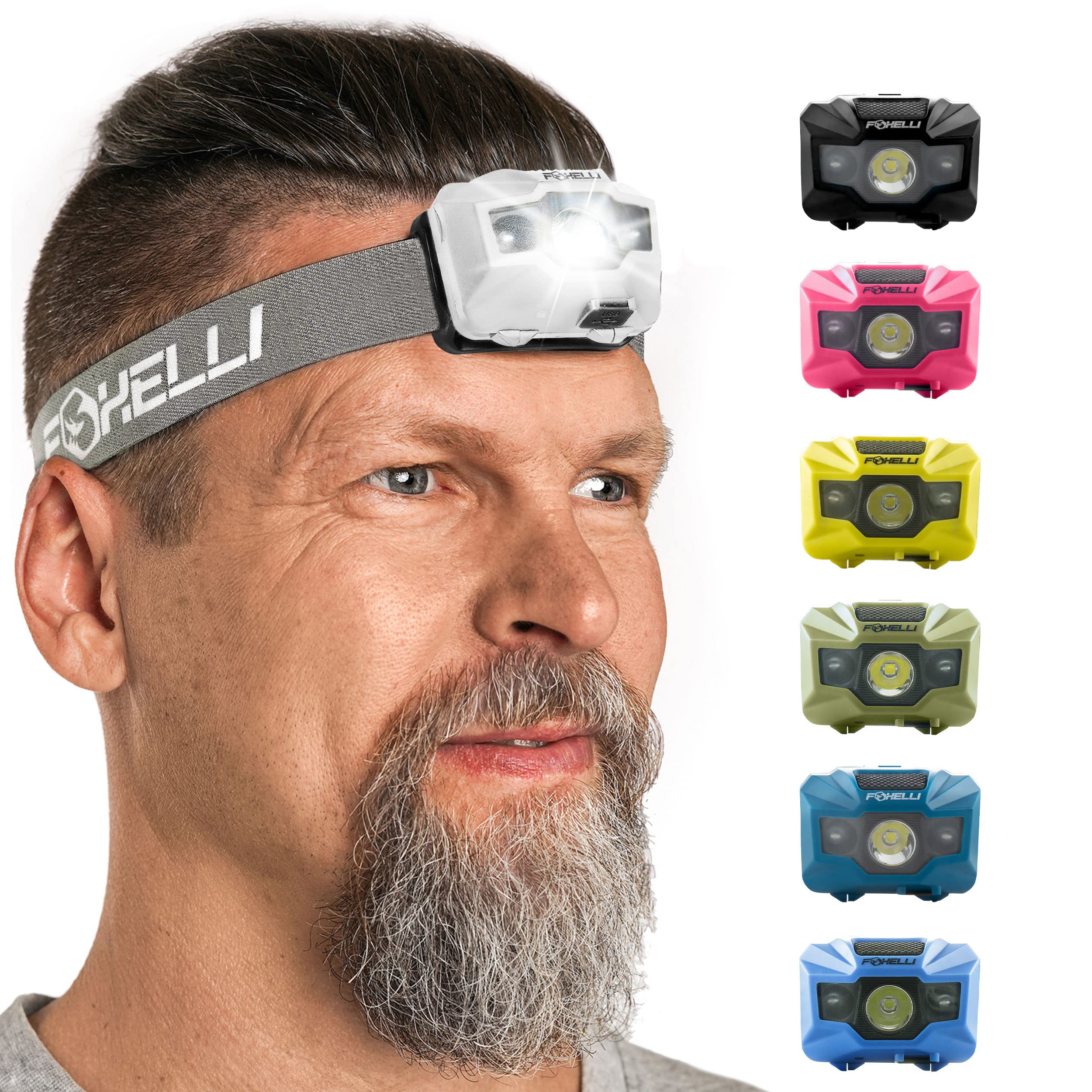 Foxelli LED Headlamp - Ultralight USB Rechargeable, Waterproof, Red Light, Regular Size, Plastic, Model MX200L_Child, White