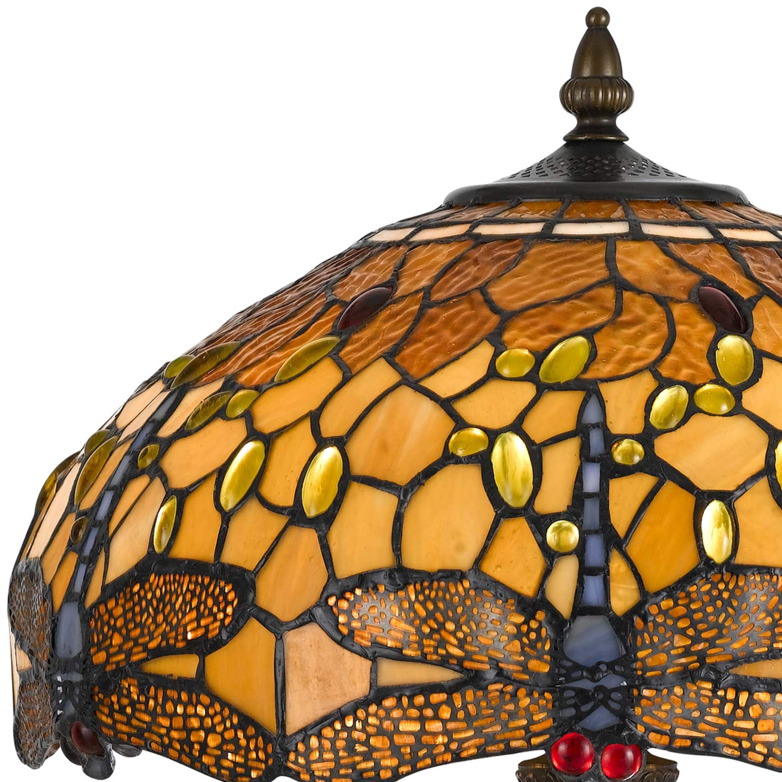 Benzara Tiffany Table Lamp, 2 Bulb, Dragonfly Design Shade, Metal, Multicolor, Model BM223636